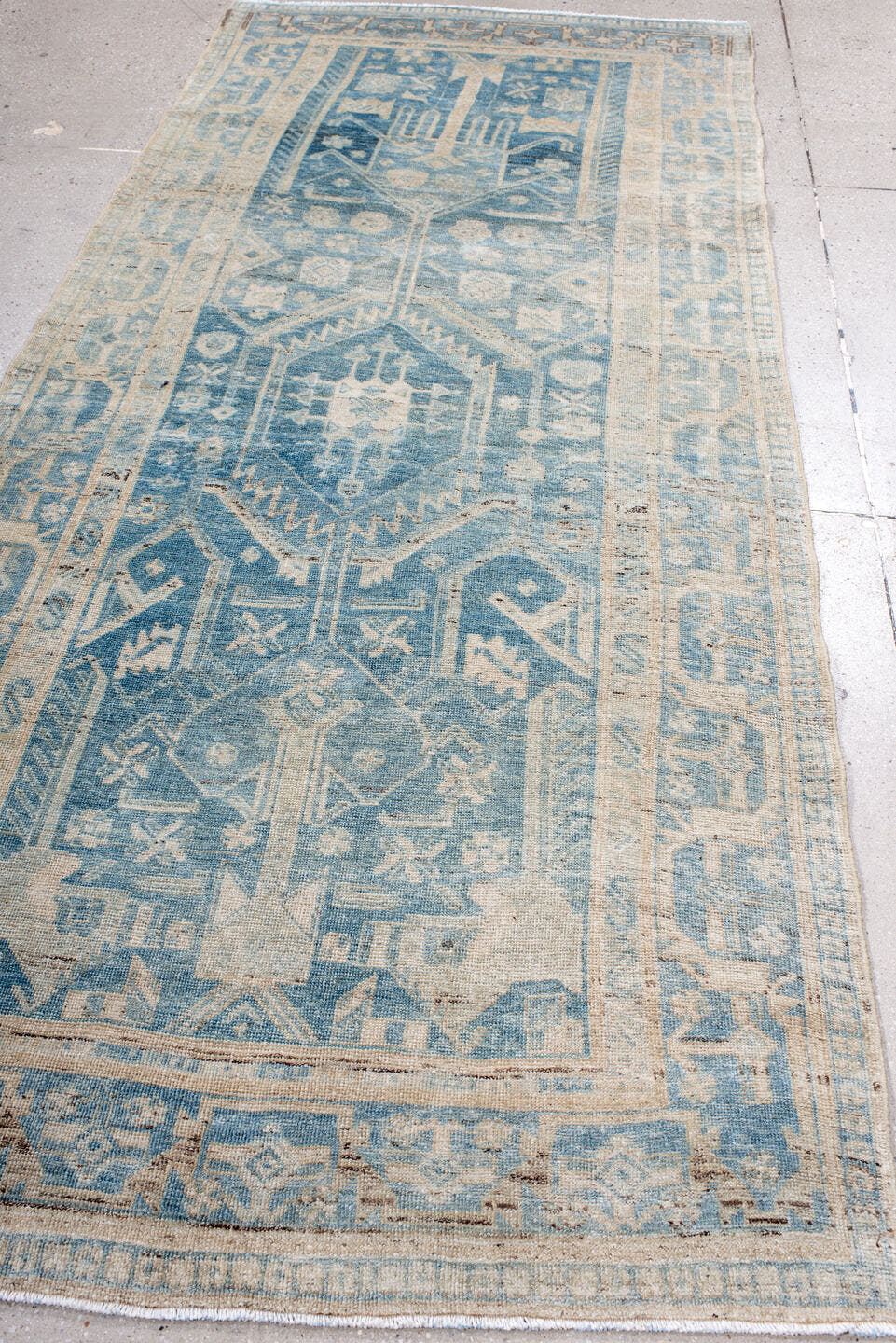 4' x 9' one-of-a-kind handmade antique Bidjar runner rug. Color palette: sky blue, ivory, powder blue, beige, taupe