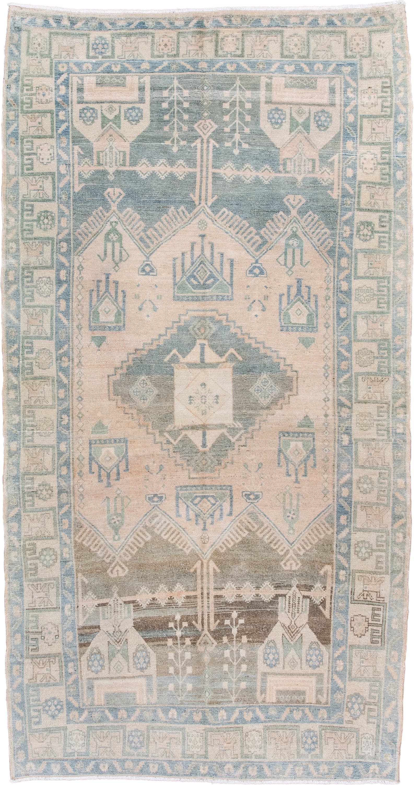 4' x 9' one-of-a-kind handmade antique Hamadan rug. Color palette: ivory, pale blue, blush, taupe, camel, sage, brown