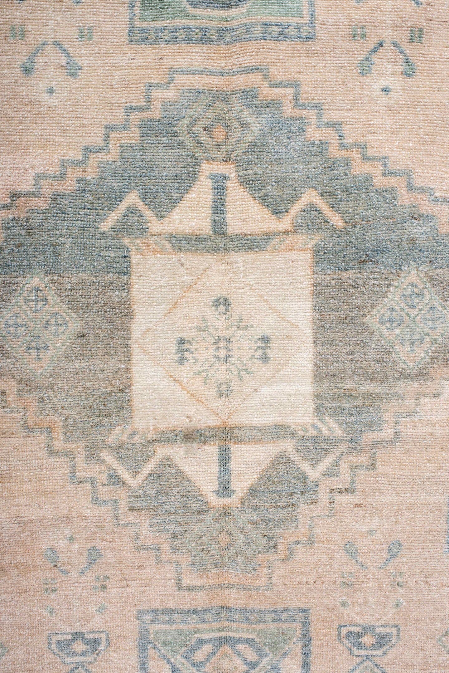 4' x 9' one-of-a-kind handmade antique Hamadan rug. Color palette: ivory, pale blue, blush, taupe, camel, sage, brown