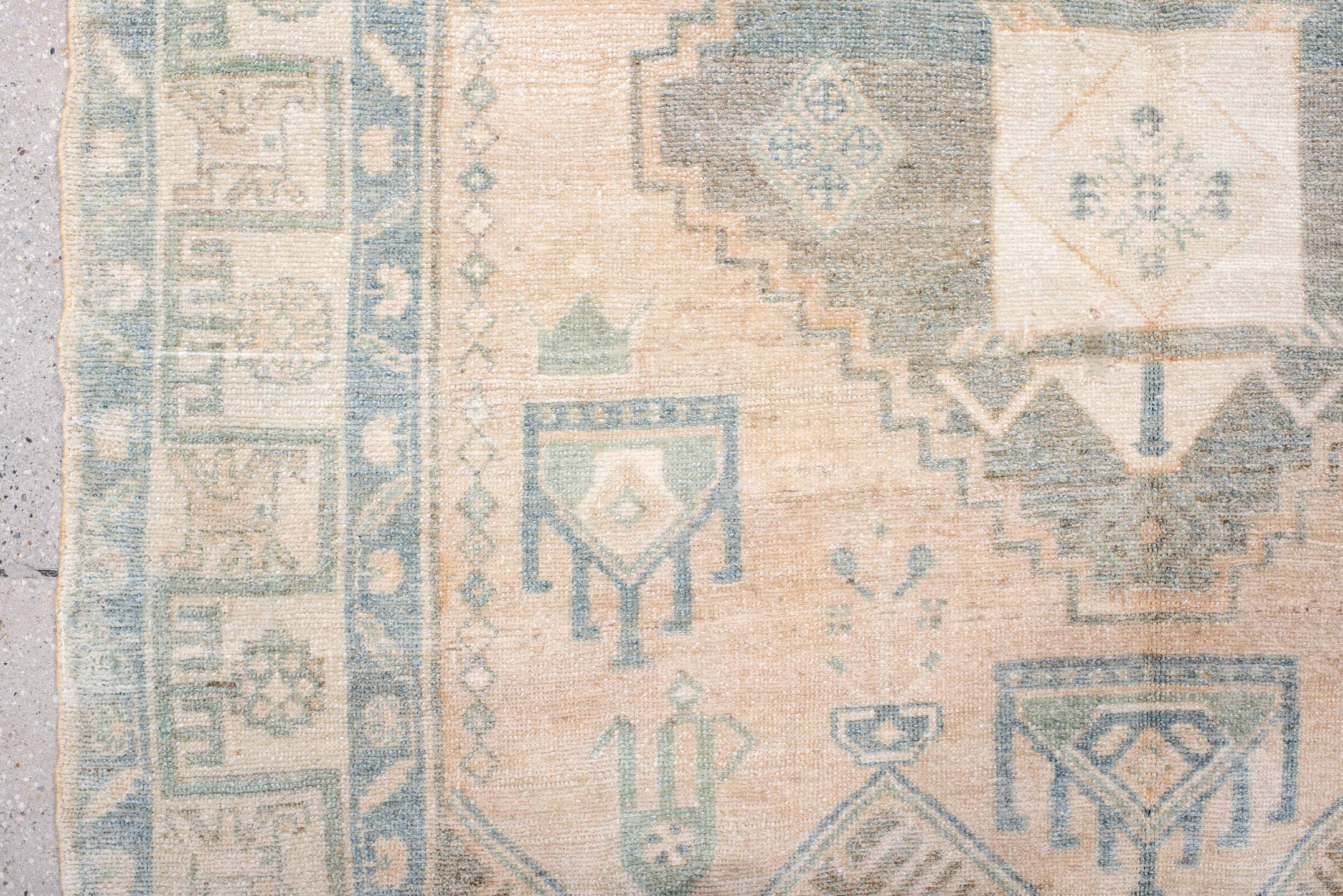 4' x 9' one-of-a-kind handmade antique Hamadan rug. Color palette: ivory, pale blue, blush, taupe, camel, sage, brown