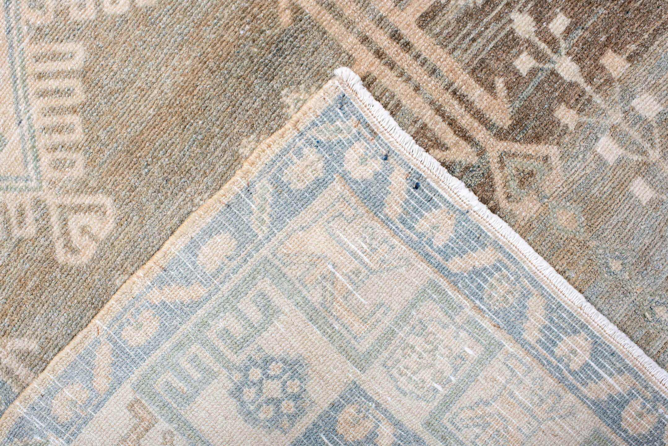 4' x 9' one-of-a-kind handmade antique Hamadan rug. Color palette: ivory, pale blue, blush, taupe, camel, sage, brown