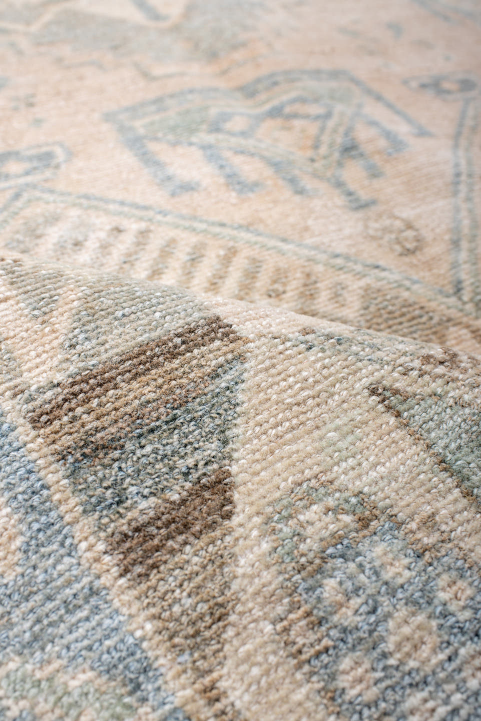 4' x 9' one-of-a-kind handmade antique Hamadan rug. Color palette: ivory, pale blue, blush, taupe, camel, sage, brown