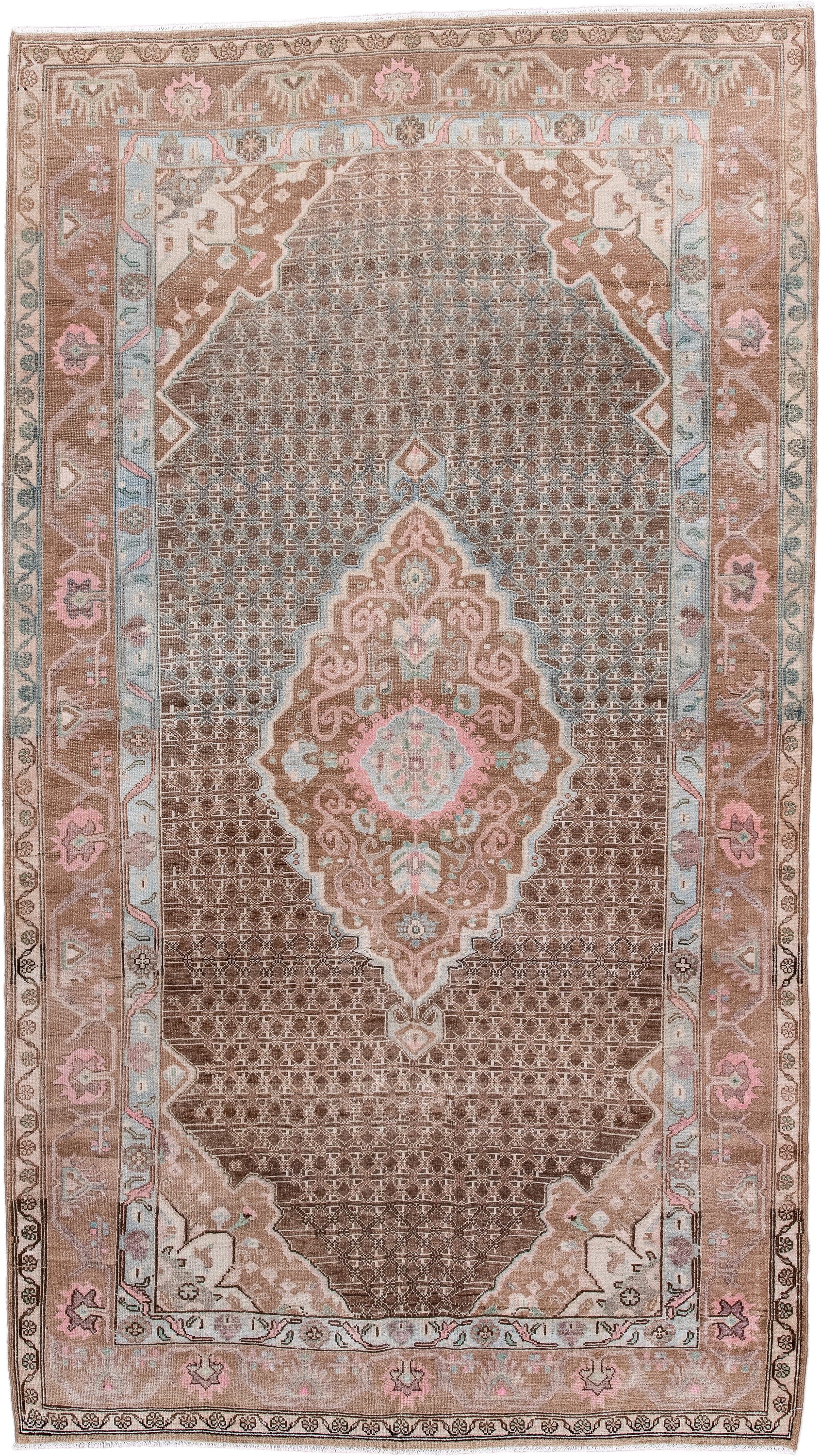 5' x 8' one-of-a-kind handmade antique Sarouk medium size rug. Color palette: taupe, brown, ivory, blush, pale blue, rose