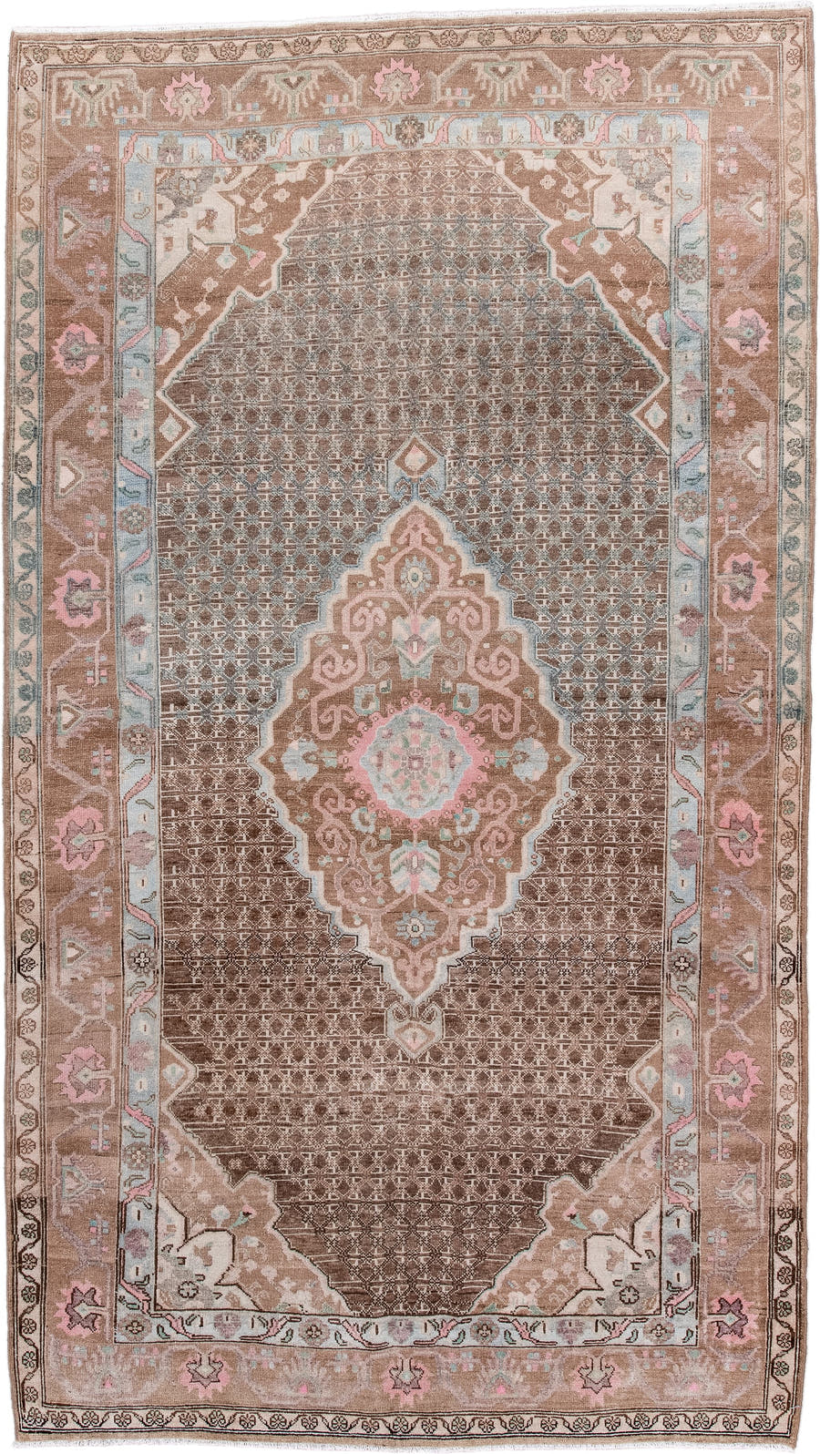 5' x 8' one-of-a-kind handmade antique Sarouk medium size rug. Color palette: taupe, brown, ivory, blush, pale blue, rose