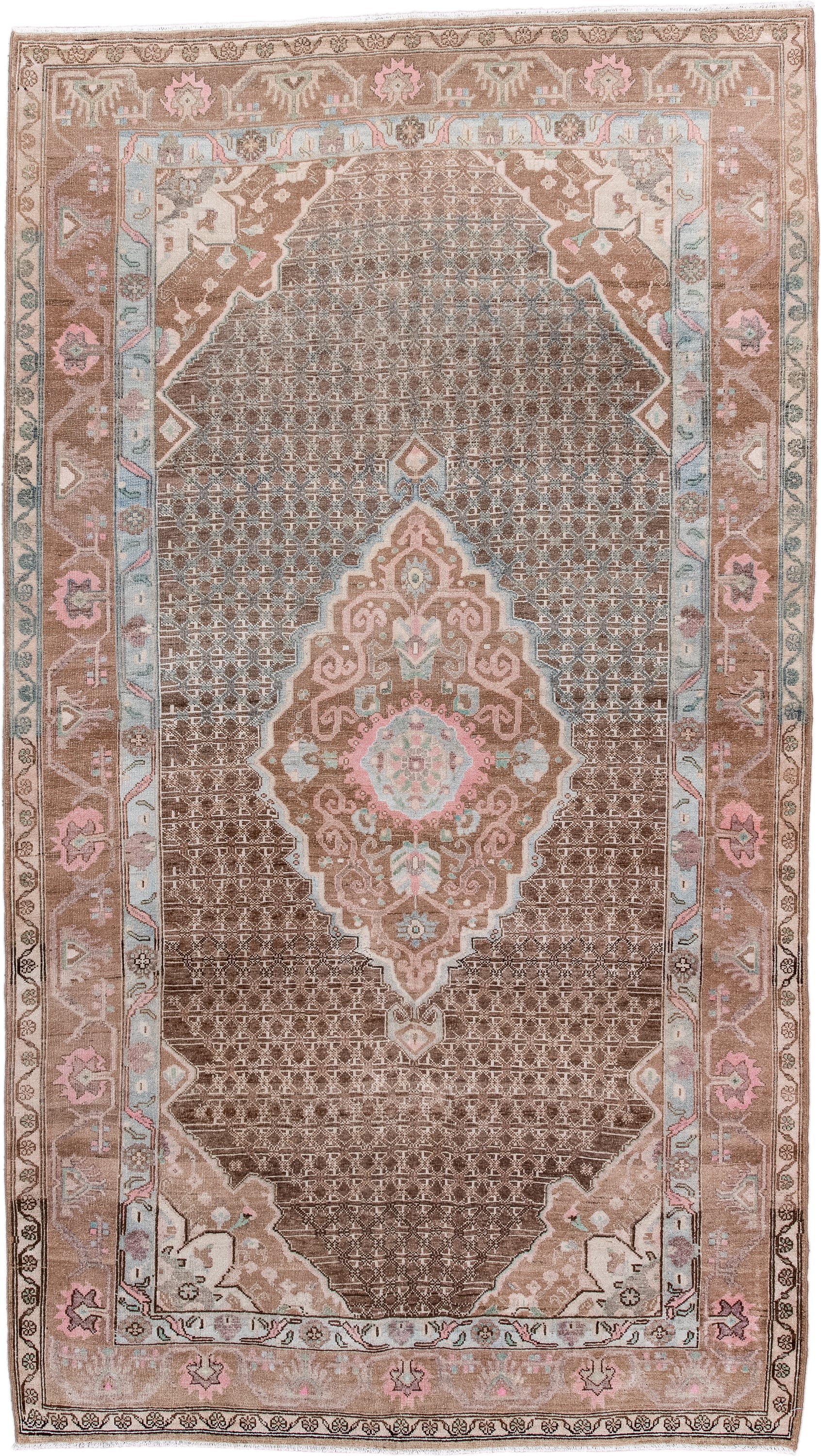 5' x 8' one-of-a-kind handmade antique Sarouk medium size rug. Color palette: taupe, brown, ivory, blush, pale blue, rose