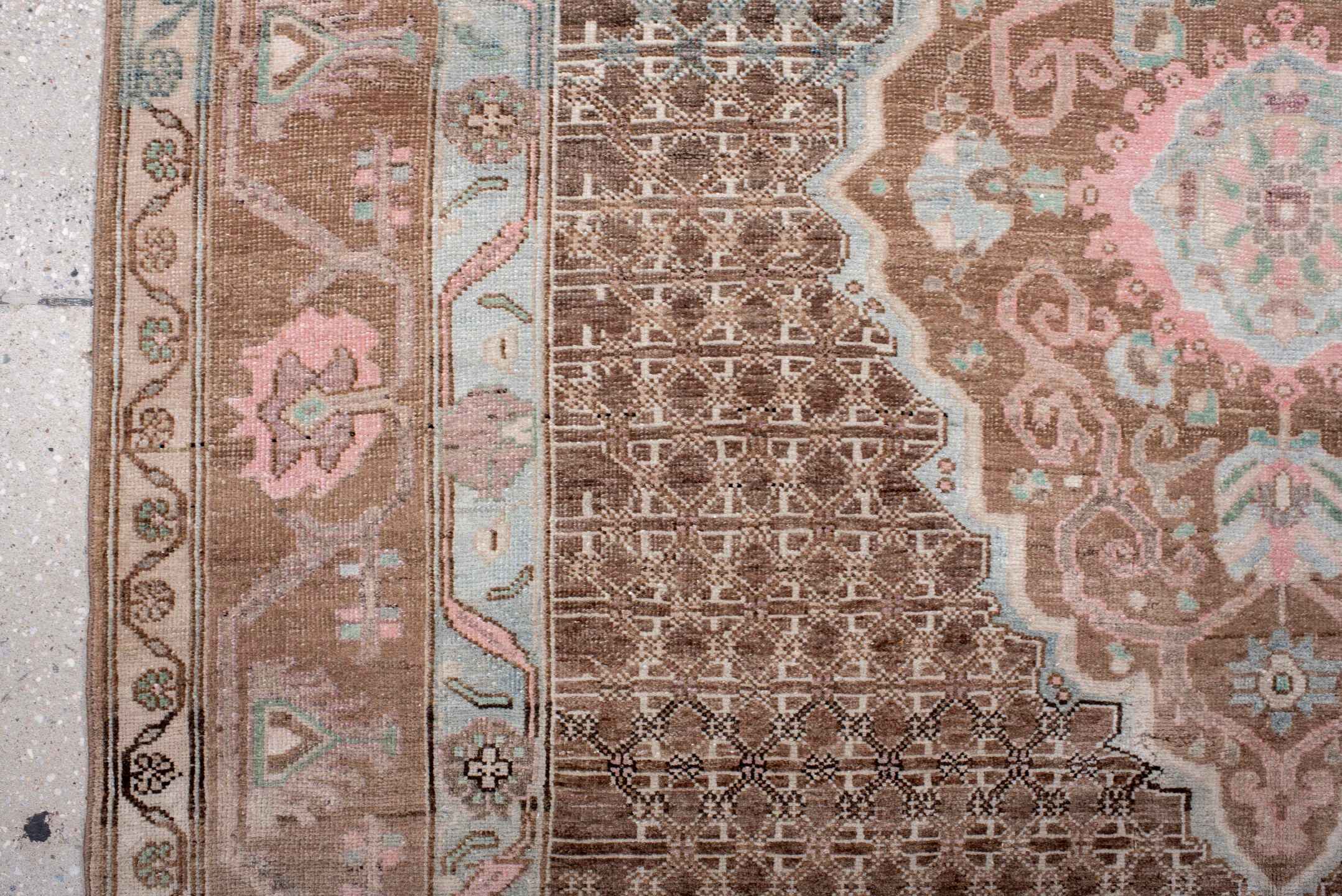 5' x 8' one-of-a-kind handmade antique Sarouk medium size rug. Color palette: taupe, brown, ivory, blush, pale blue, rose