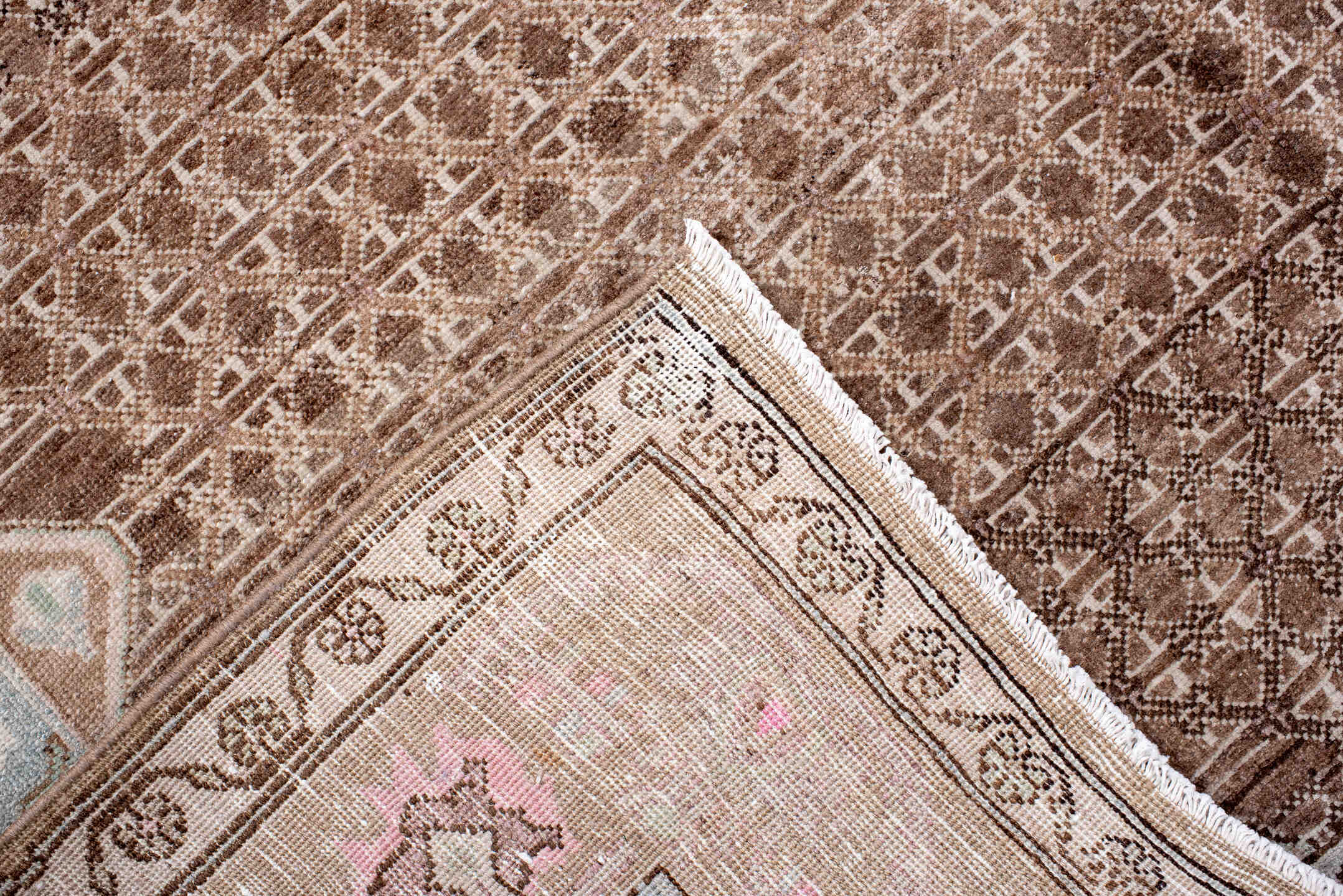 5' x 8' one-of-a-kind handmade antique Sarouk medium size rug. Color palette: taupe, brown, ivory, blush, pale blue, rose