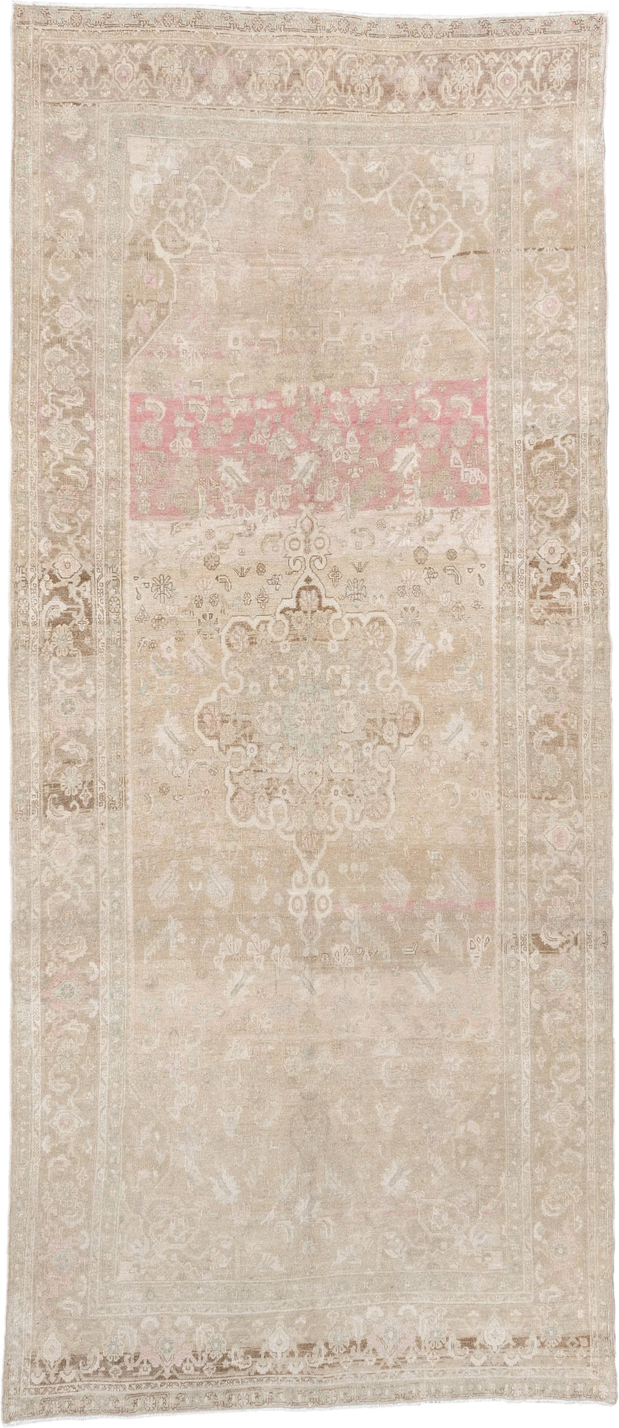 4' x 11' one-of-a-kind handmade vintage Bidjar runner rug. Color palette: ivory, taupe, blush, beige, pale sage, sand, camel