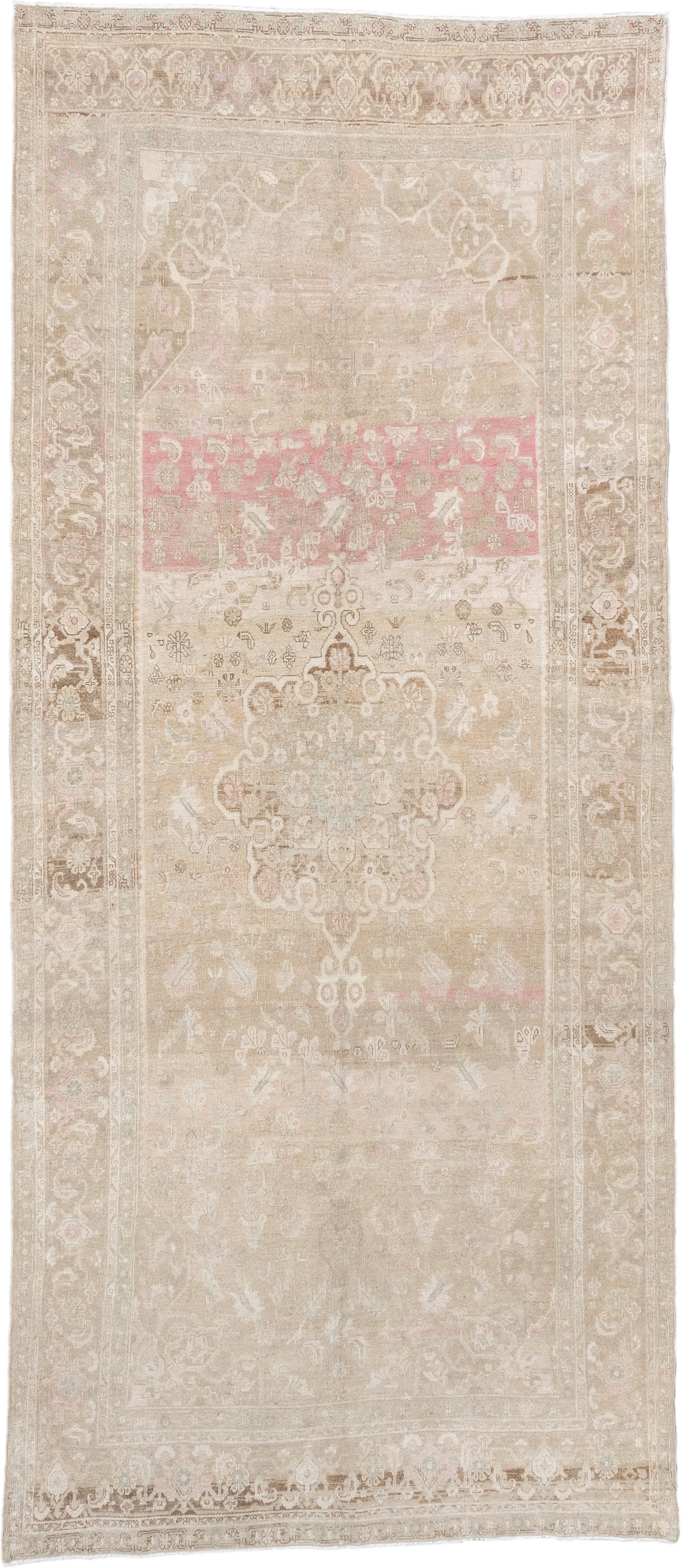 4' x 11' one-of-a-kind handmade vintage Bidjar runner rug. Color palette: ivory, taupe, blush, beige, pale sage, sand, camel