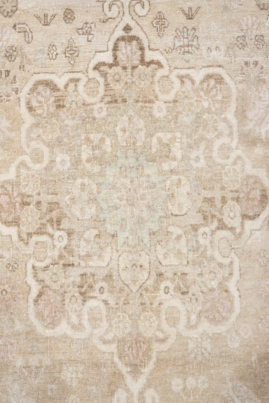 4' x 11' one-of-a-kind handmade vintage Bidjar runner rug. Color palette: ivory, taupe, blush, beige, pale sage, sand, camel