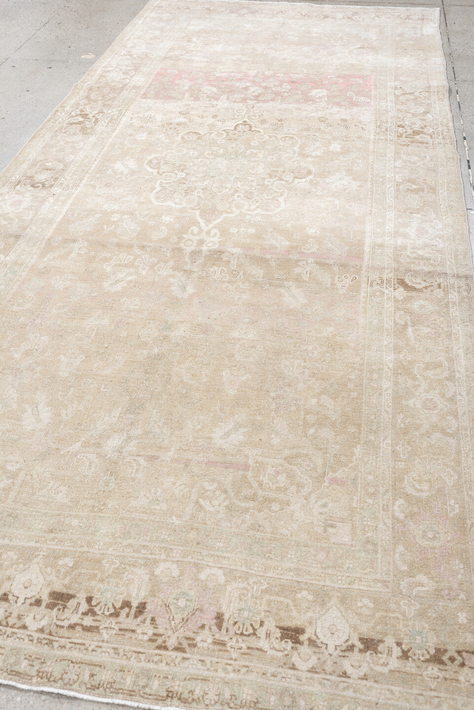 4' x 11' one-of-a-kind handmade vintage Bidjar runner rug. Color palette: ivory, taupe, blush, beige, pale sage, sand, camel