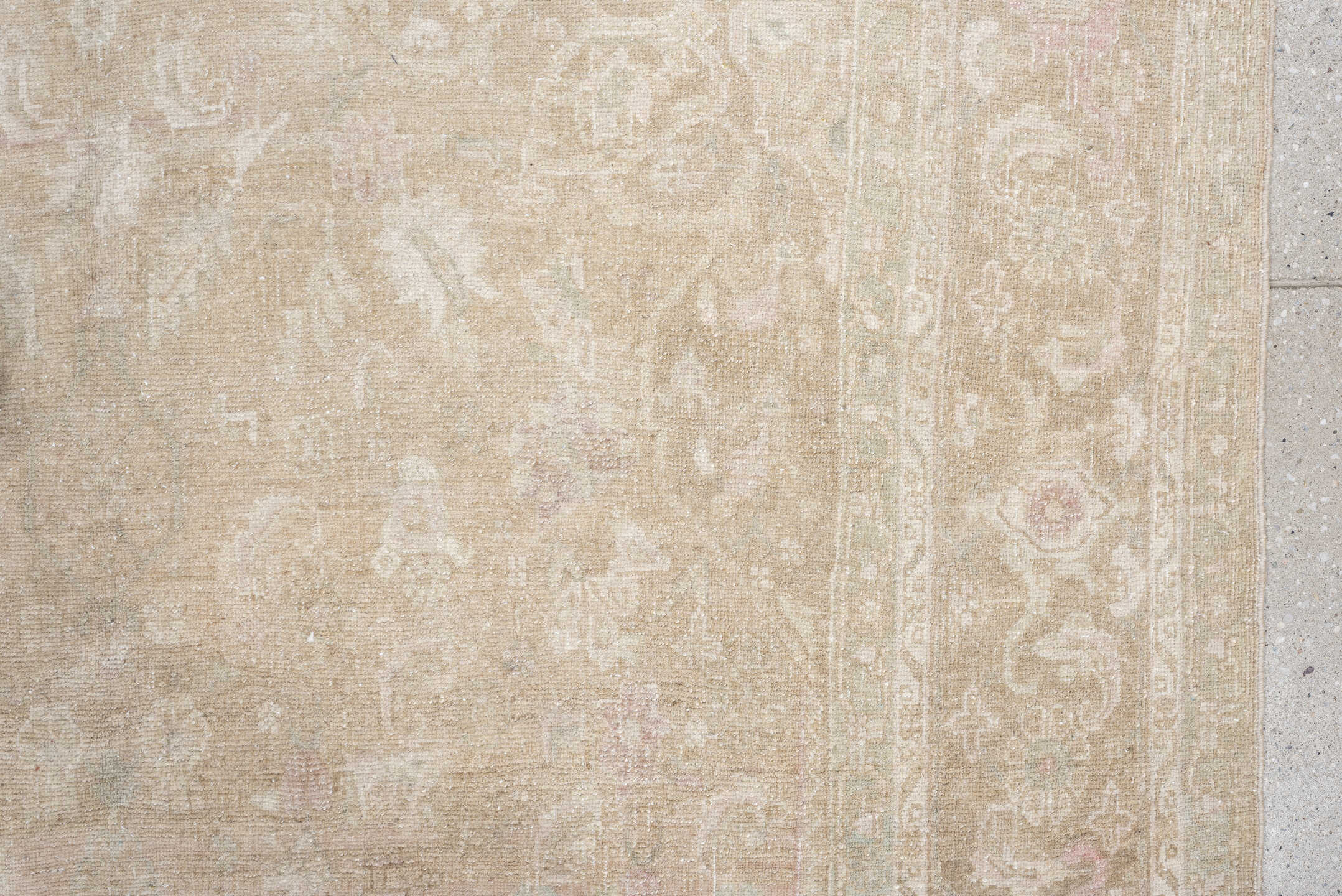 4' x 11' one-of-a-kind handmade vintage Bidjar runner rug. Color palette: ivory, taupe, blush, beige, pale sage, sand, camel