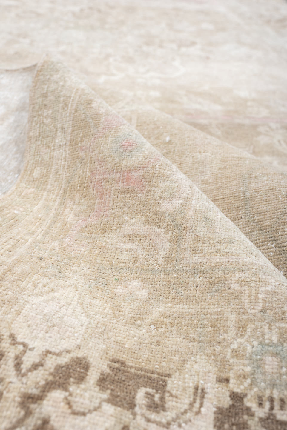 4' x 11' one-of-a-kind handmade vintage Bidjar runner rug. Color palette: ivory, taupe, blush, beige, pale sage, sand, camel