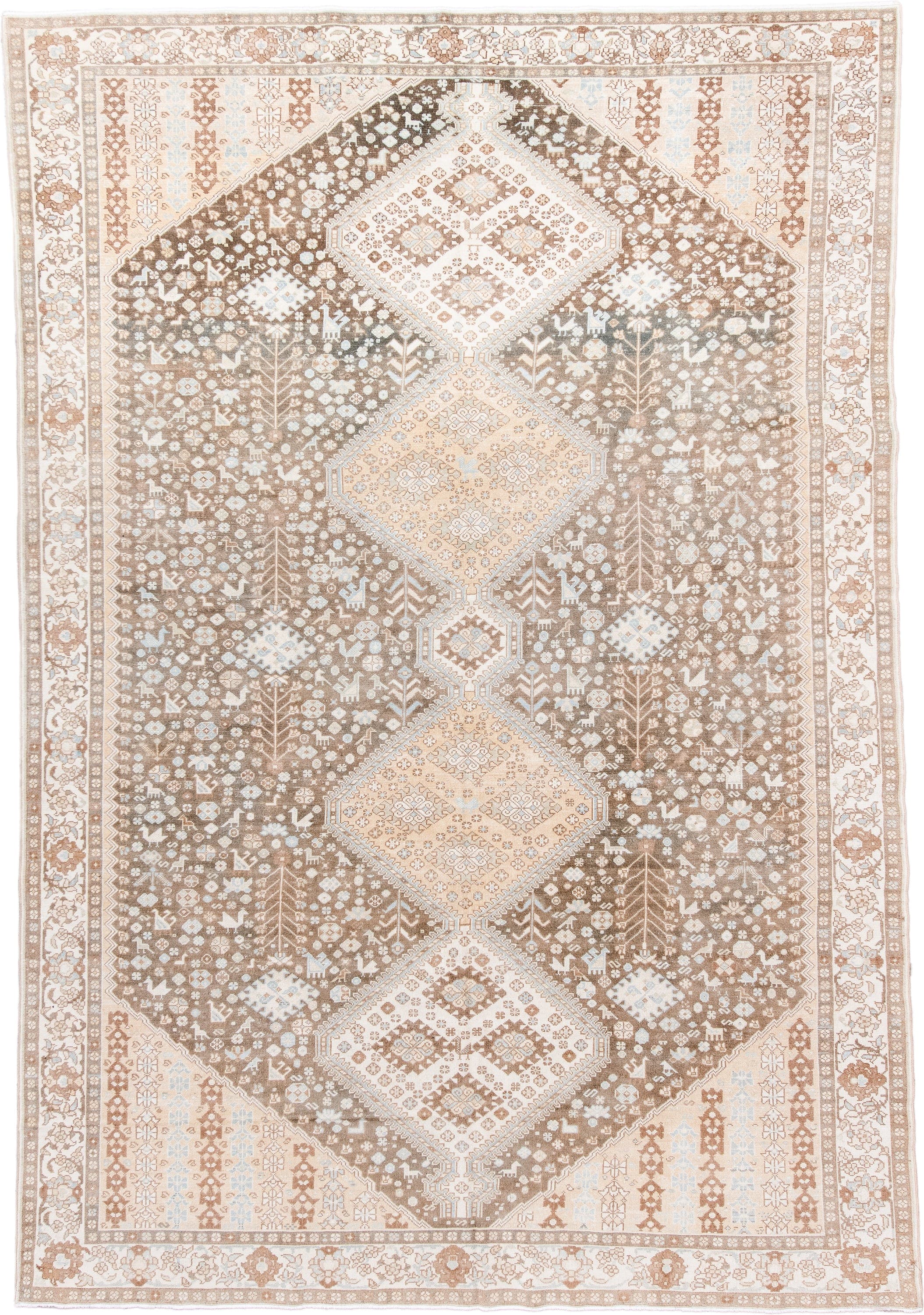 7' x 11' one-of-a-kind handmade antique  large size rug. Color palette: taupe, ivory, camel, pale_blue, tan, beige, gray