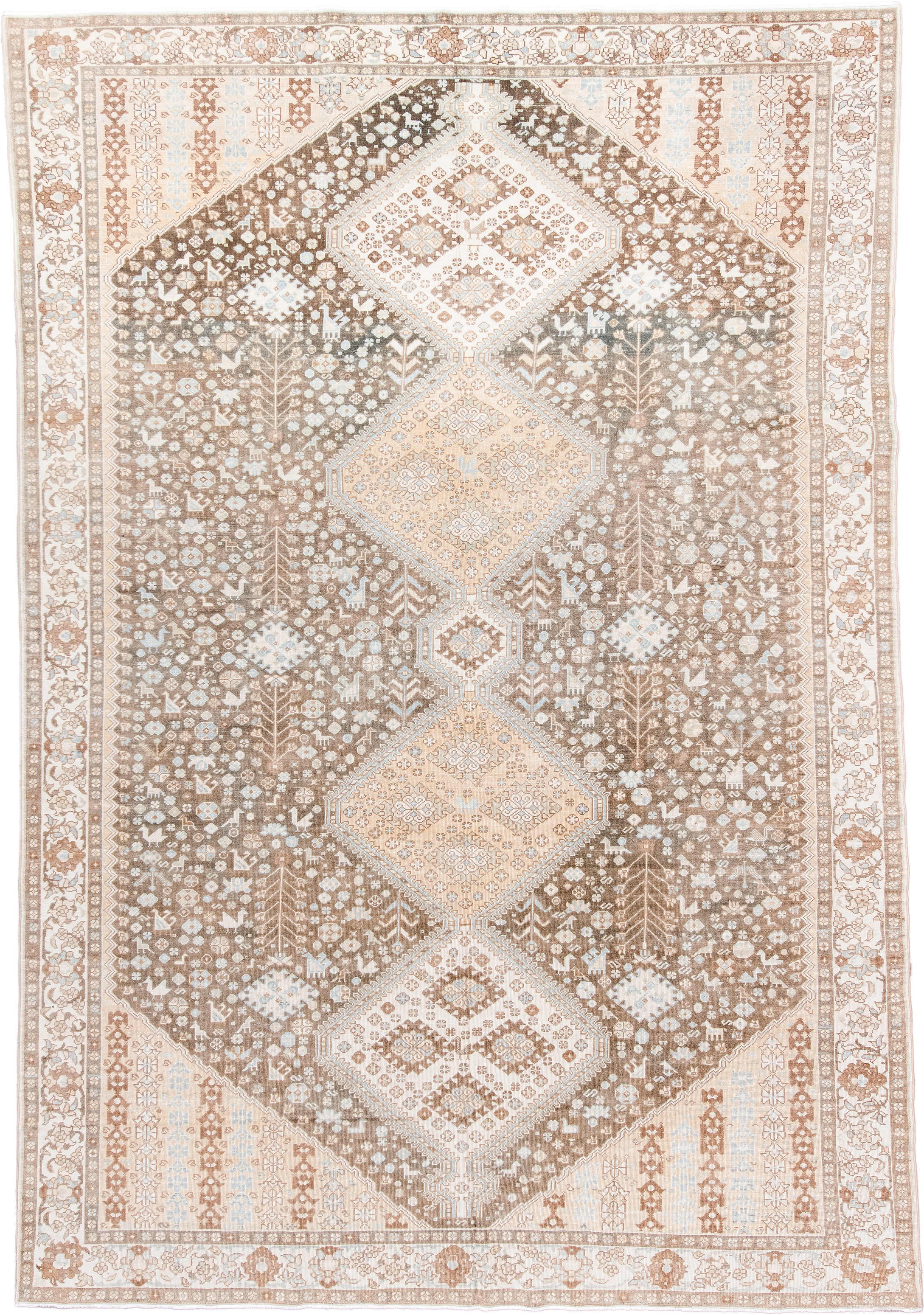 7' x 11' one-of-a-kind handmade antique  large size rug. Color palette: taupe, ivory, camel, pale_blue, tan, beige, gray