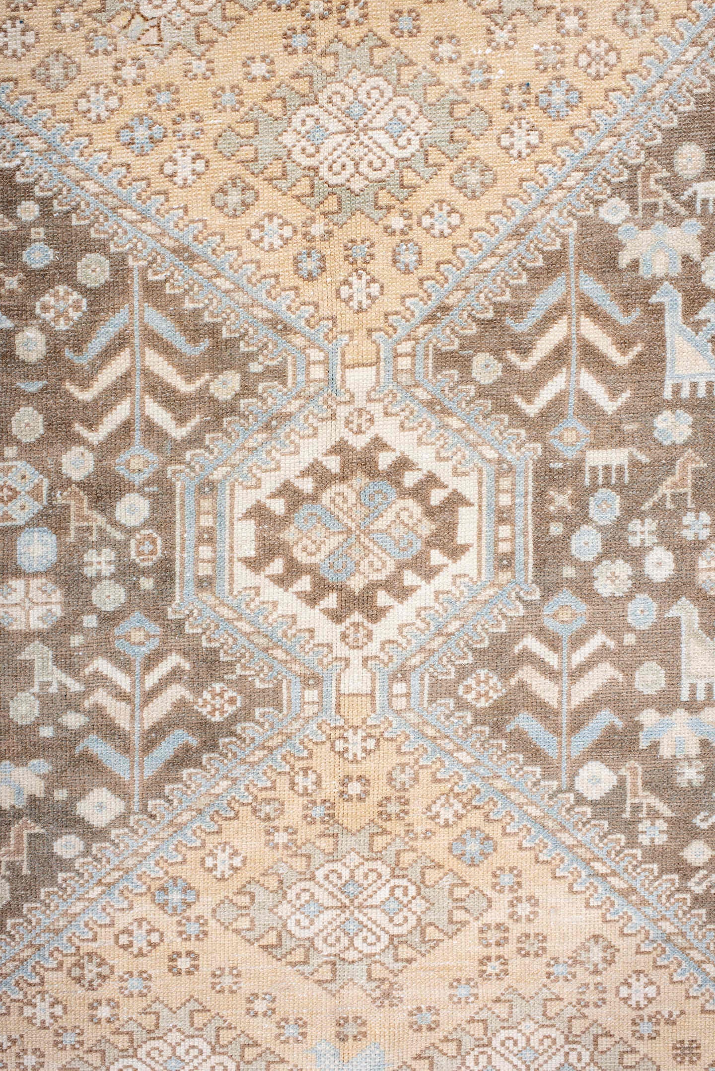 7' x 11' one-of-a-kind handmade antique  large size rug. Color palette: taupe, ivory, camel, pale_blue, tan, beige, gray