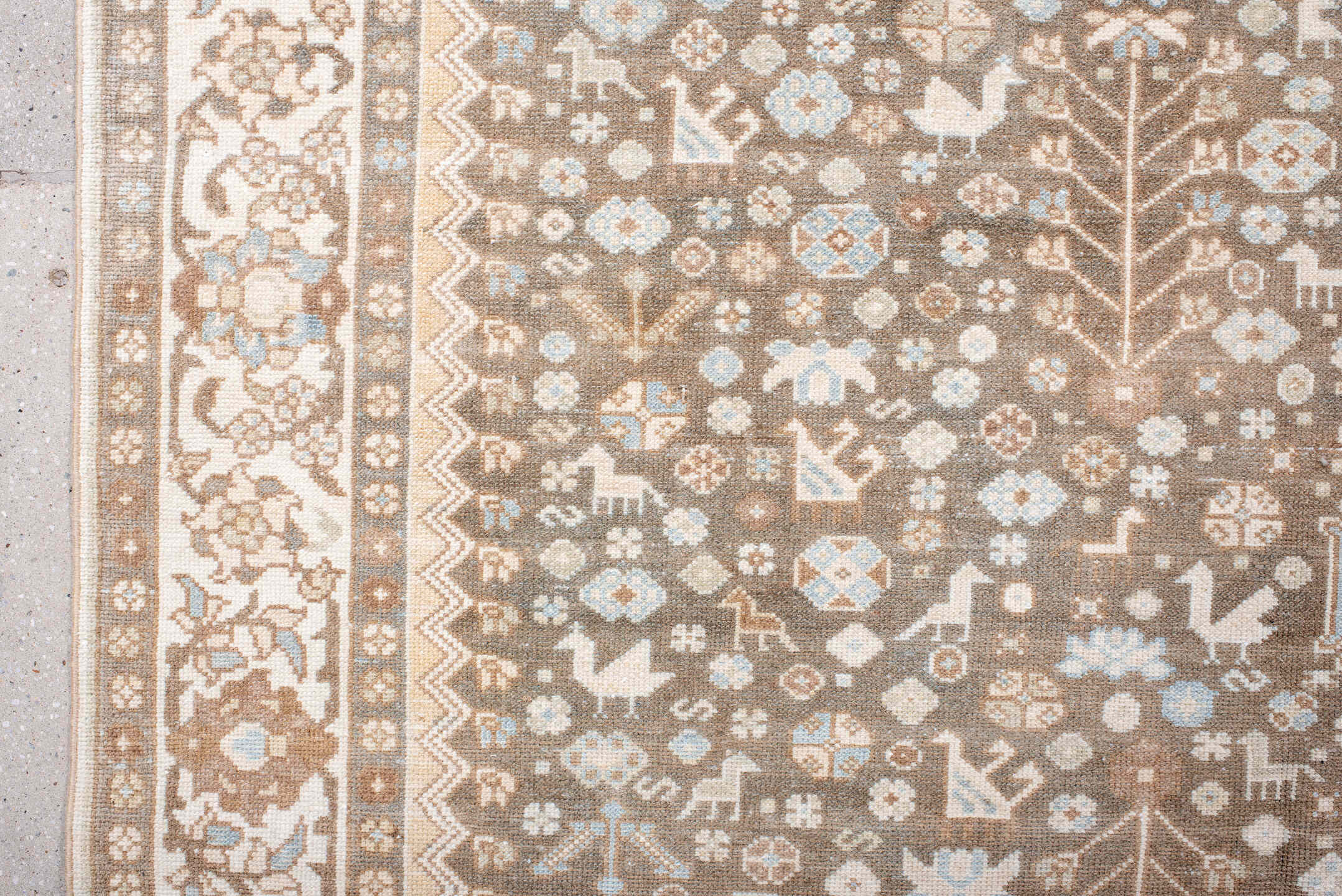 7' x 11' one-of-a-kind handmade antique  large size rug. Color palette: taupe, ivory, camel, pale_blue, tan, beige, gray
