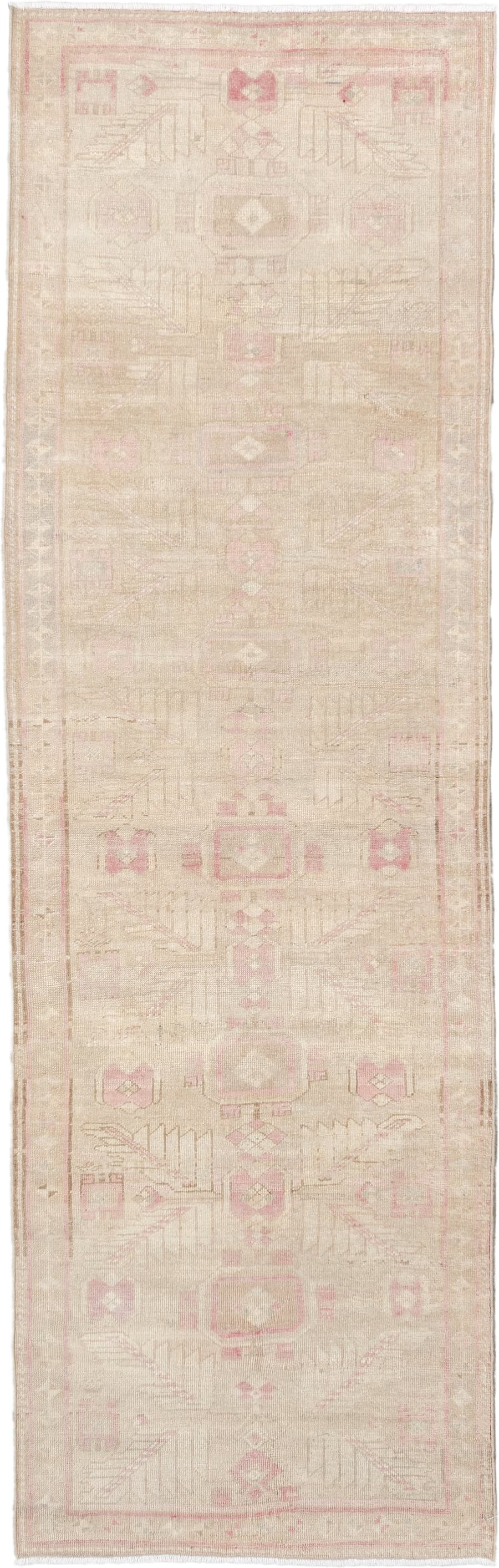 2' x 9' one-of-a-kind handmade vintage Oushak runner rug. Color palette: ivory, blush pink, taupe, beige, sand, pink, gray