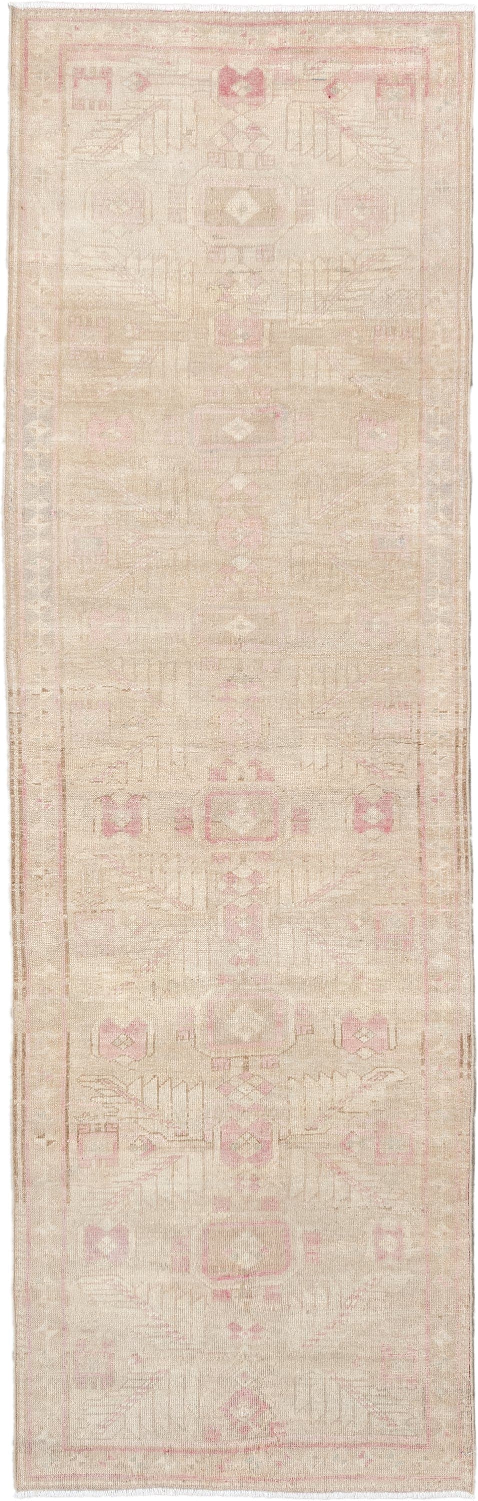 2' x 9' one-of-a-kind handmade vintage Oushak runner rug. Color palette: ivory, blush pink, taupe, beige, sand, pink, gray