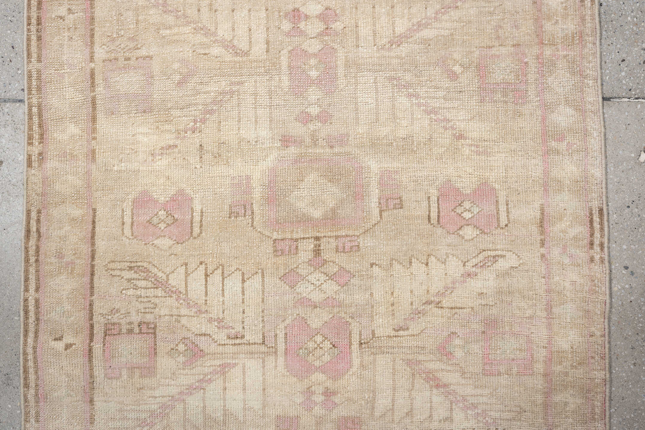 2' x 9' one-of-a-kind handmade vintage Oushak runner rug. Color palette: ivory, blush pink, taupe, beige, sand, pink, gray