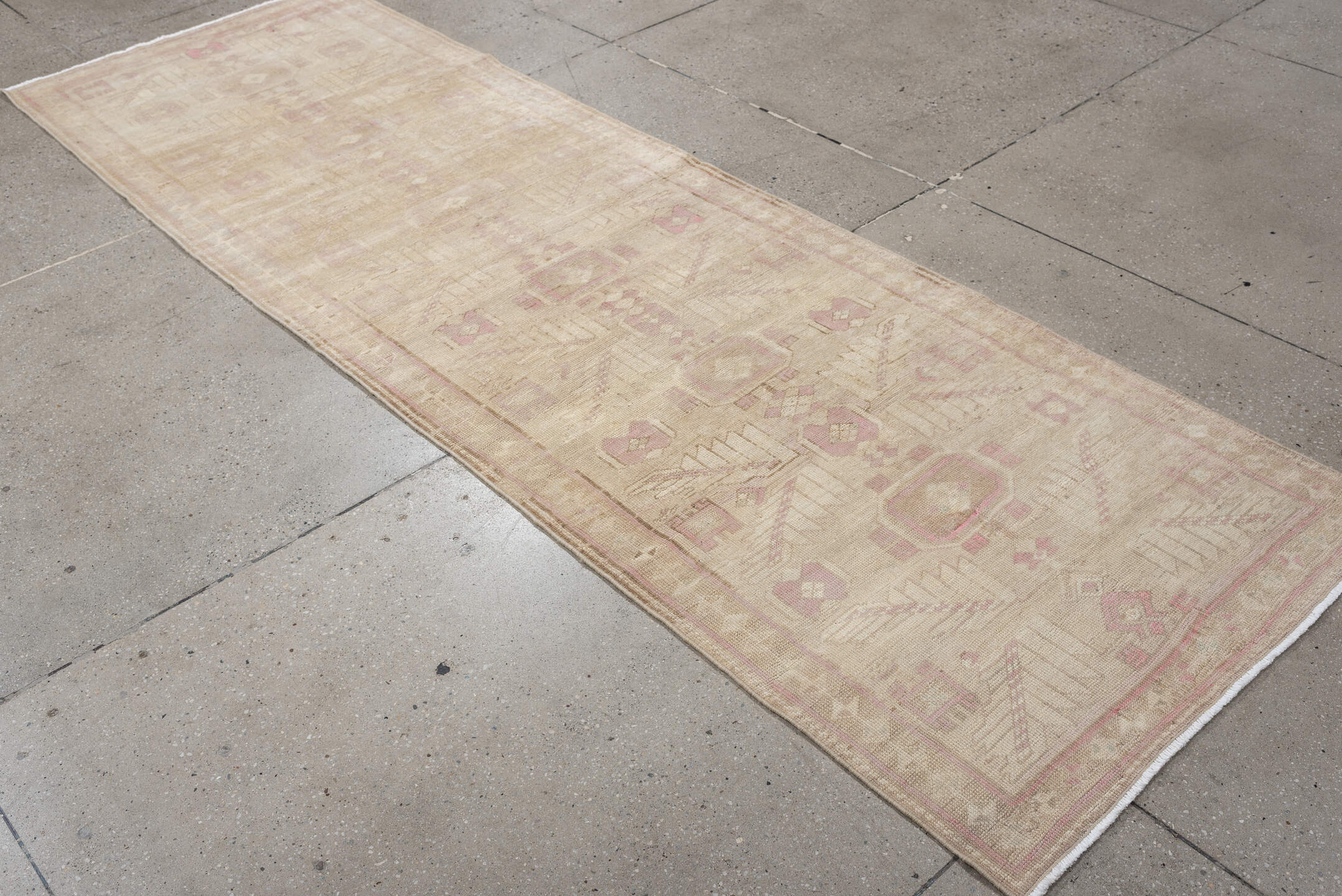 2' x 9' one-of-a-kind handmade vintage Oushak runner rug. Color palette: ivory, blush pink, taupe, beige, sand, pink, gray