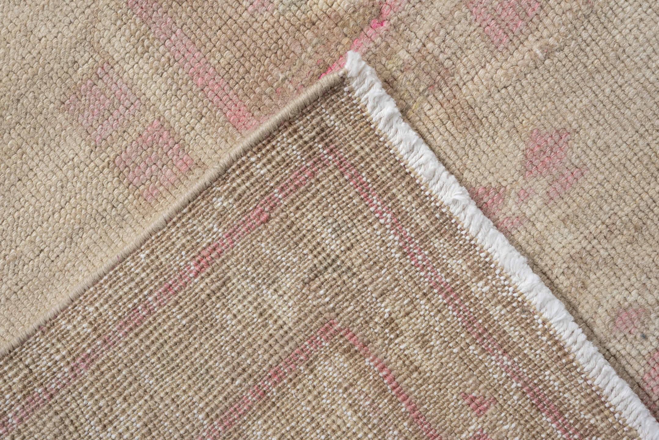 2' x 9' one-of-a-kind handmade vintage Oushak runner rug. Color palette: ivory, blush pink, taupe, beige, sand, pink, gray