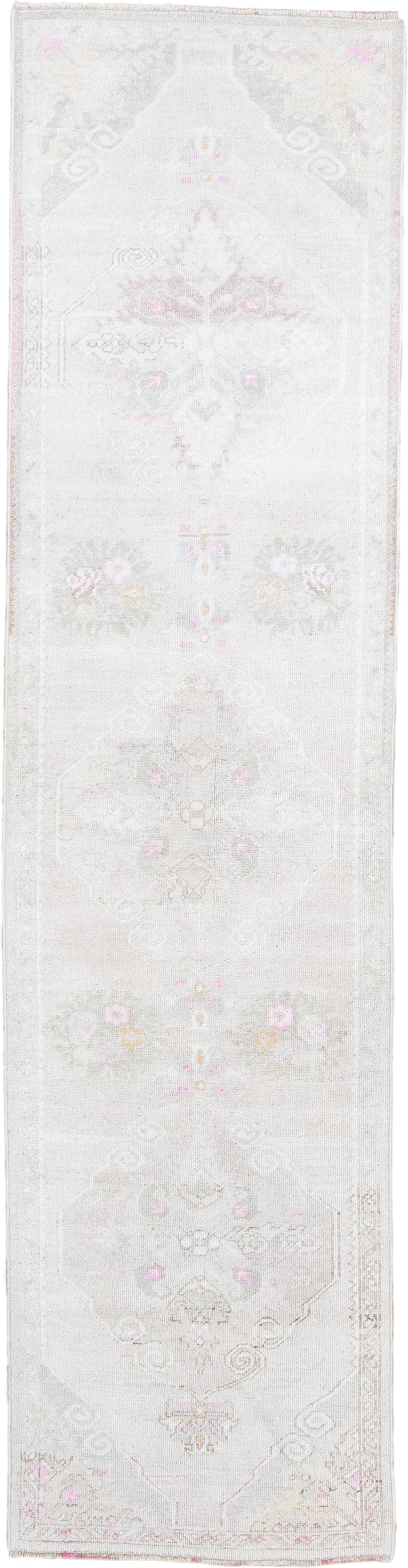 2' x 9' one-of-a-kind handmade antique Anatolian runner rug. Color palette: ivory, cream, blush, pale pink, taupe, sage