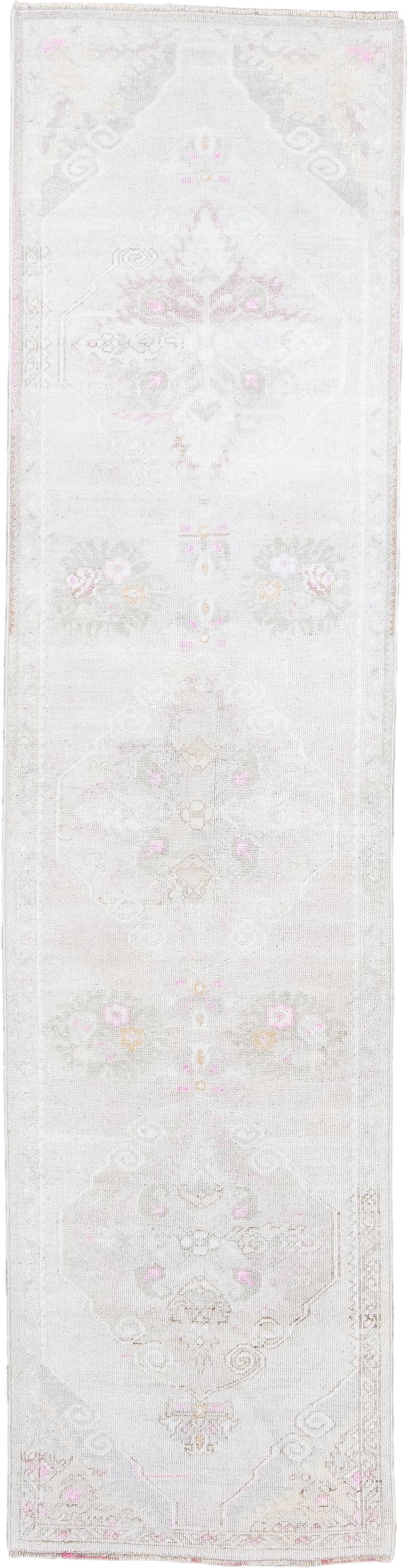 2' x 9' one-of-a-kind handmade antique Anatolian runner rug. Color palette: ivory, cream, blush, pale pink, taupe, sage