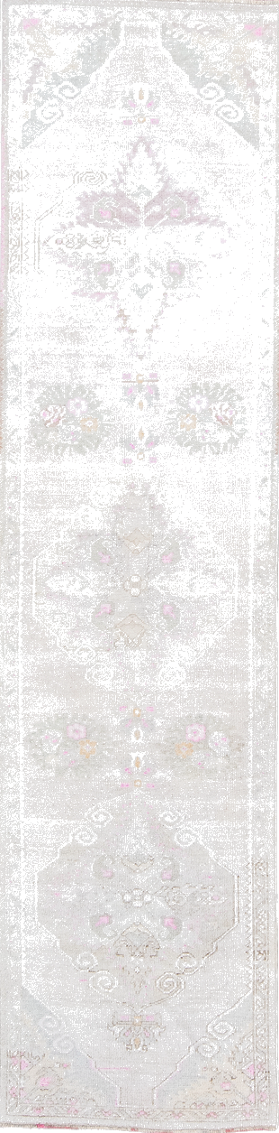 2' x 9' one-of-a-kind handmade vintage Anatolian runner rug. Color palette: azure, gainsboro, ghost white, gray, light blue