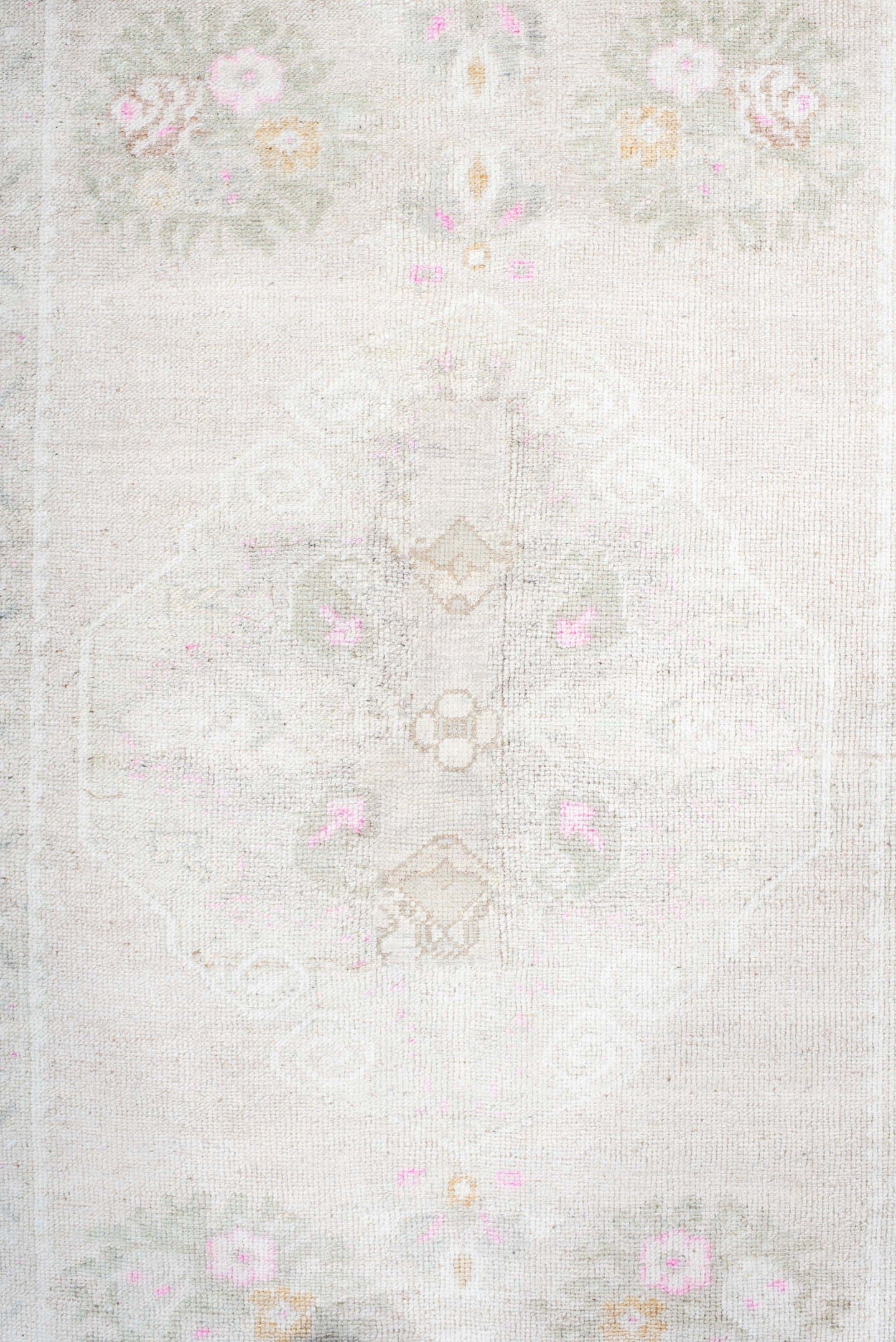 2' x 9' one-of-a-kind handmade antique Anatolian runner rug. Color palette: ivory, cream, blush, pale pink, taupe, sage