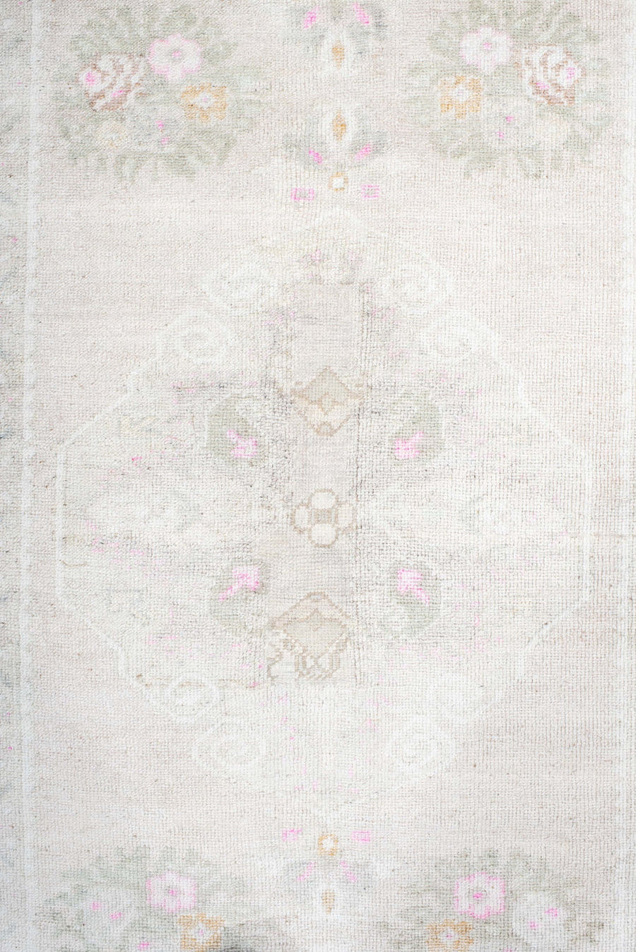 2' x 9' one-of-a-kind handmade antique Anatolian runner rug. Color palette: ivory, cream, blush, pale pink, taupe, sage