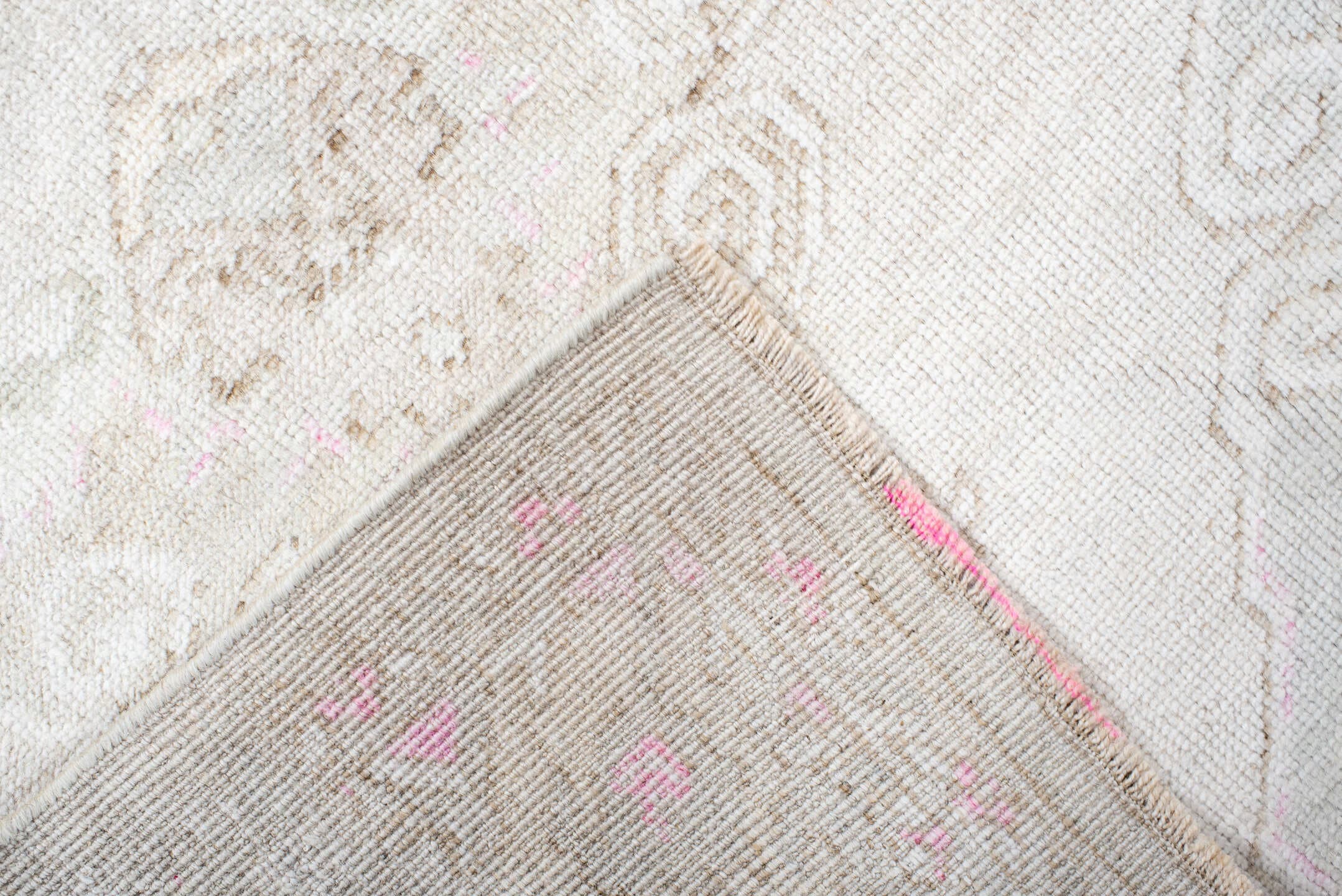 2' x 9' one-of-a-kind handmade antique Anatolian runner rug. Color palette: ivory, cream, blush, pale pink, taupe, sage