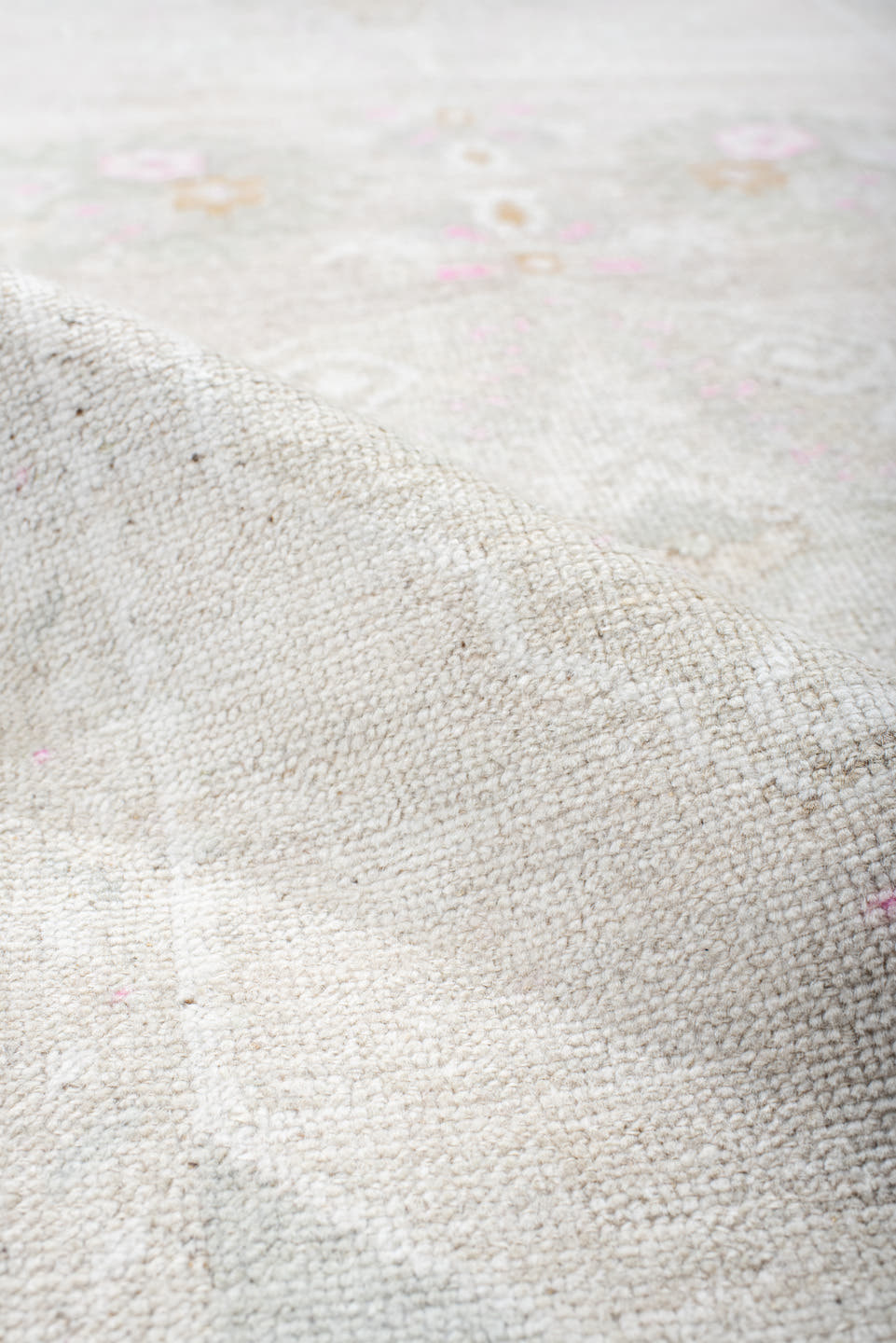2' x 9' one-of-a-kind handmade antique Anatolian runner rug. Color palette: ivory, cream, blush, pale pink, taupe, sage