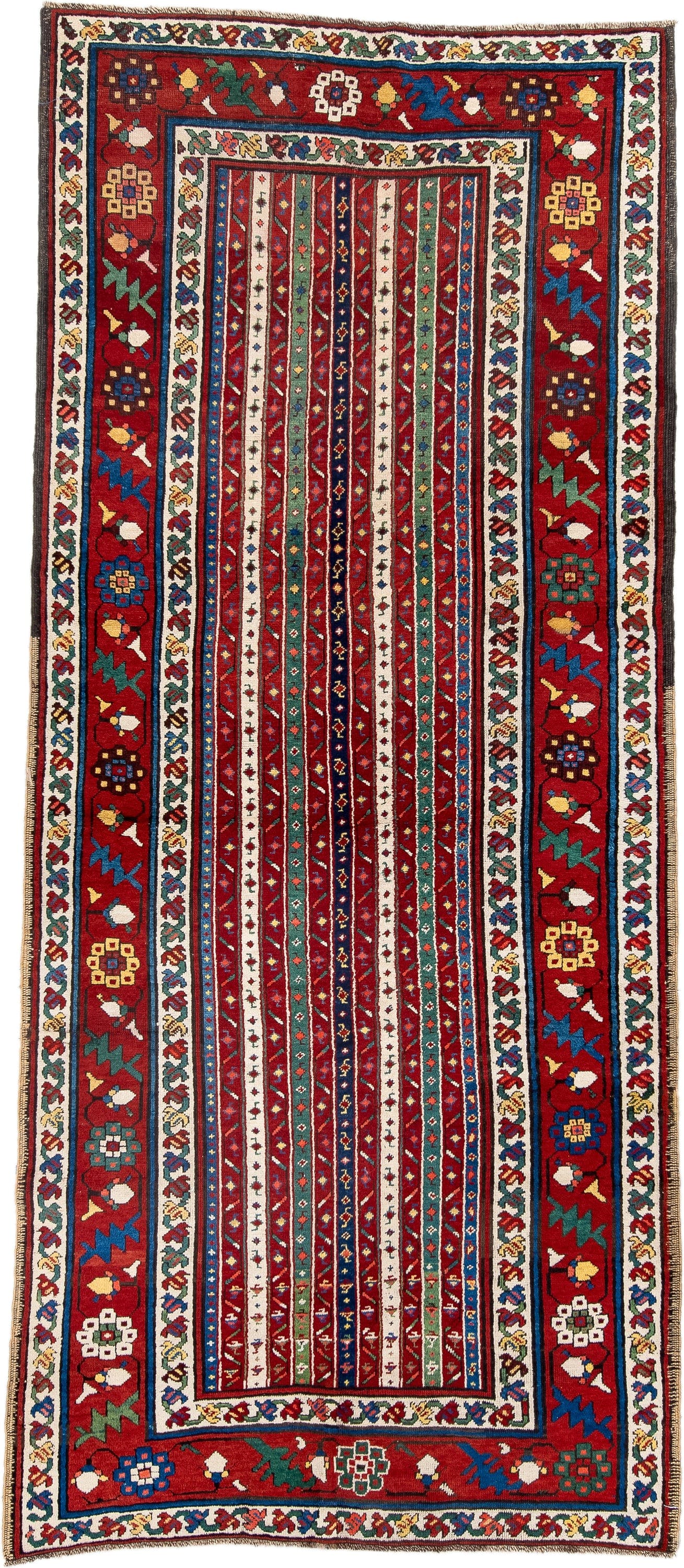 4' x 9' one-of-a-kind handmade antique Caucasian runner rug. Color palette: red, ivory, blue, teal, gold, navy, rust