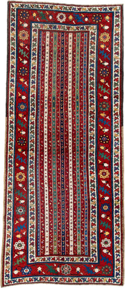 4' x 9' one-of-a-kind handmade antique Caucasian runner rug. Color palette: red, ivory, blue, teal, gold, navy, rust