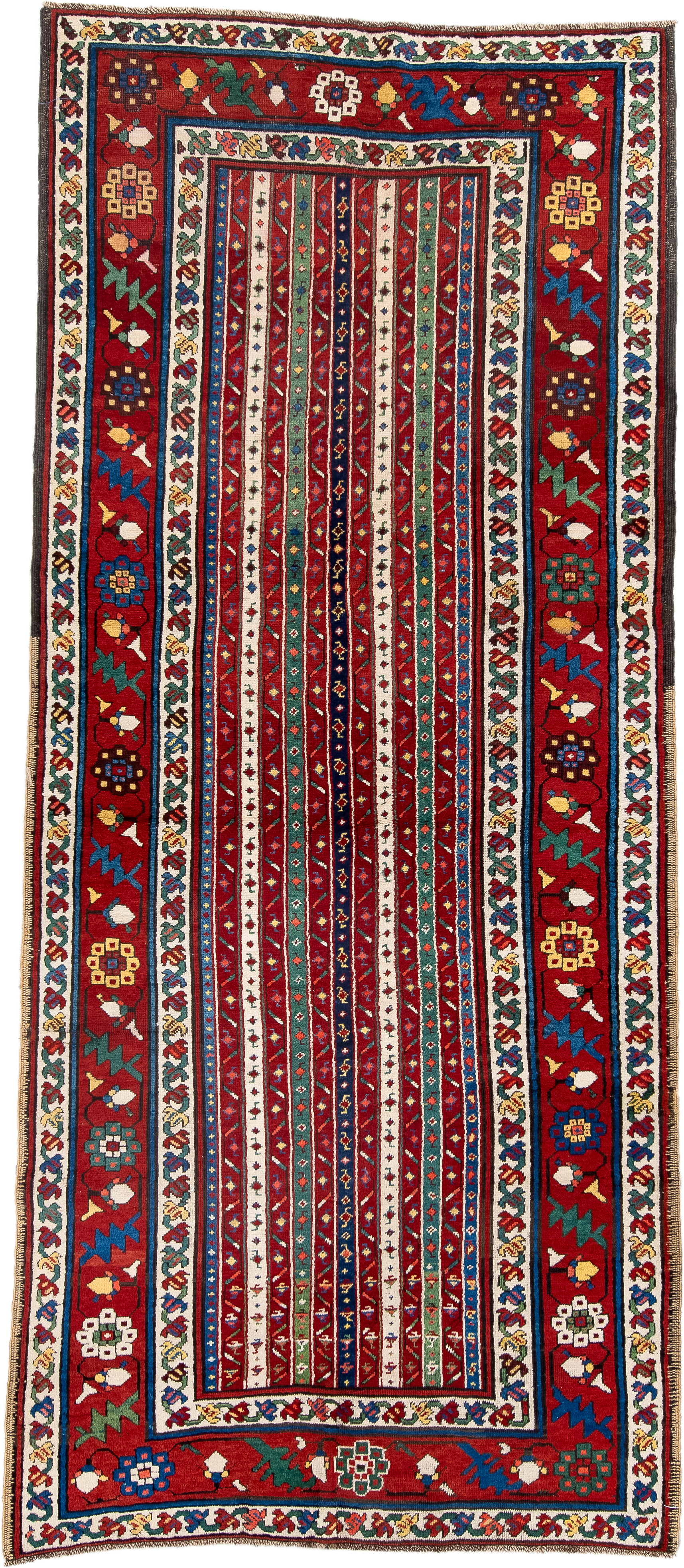 4' x 9' one-of-a-kind handmade antique Caucasian runner rug. Color palette: red, ivory, blue, teal, gold, navy, rust