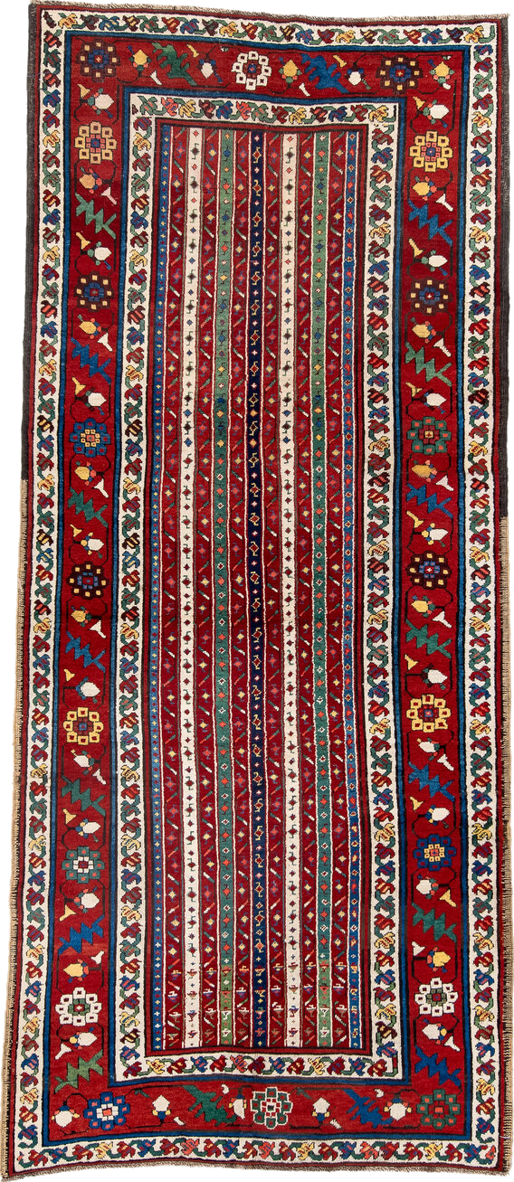 4' x 9' one-of-a-kind handmade vintage Caucasian runner rug. Color palette: antiquewhite, blue, brown, cornsilk, fiord