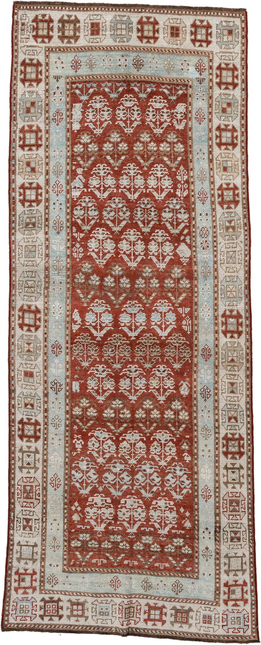 3' x 8' one-of-a-kind handmade antique NW Persian runner rug. Color palette: terracotta, ivory, pale blue, taupe, rust