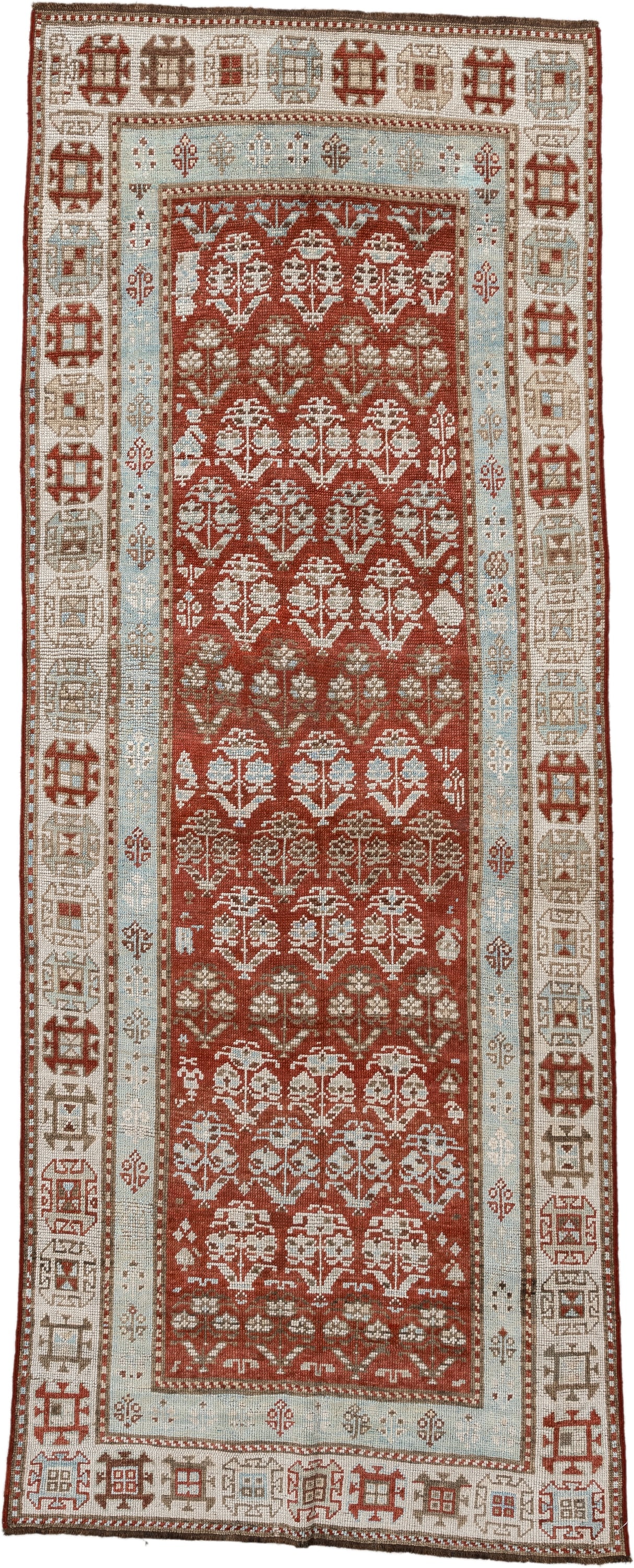 3' x 8' one-of-a-kind handmade antique NW Persian runner rug. Color palette: terracotta, ivory, pale blue, taupe, rust