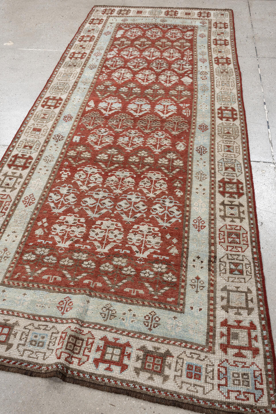 3' x 8' one-of-a-kind handmade antique NW Persian runner rug. Color palette: terracotta, ivory, pale blue, taupe, rust