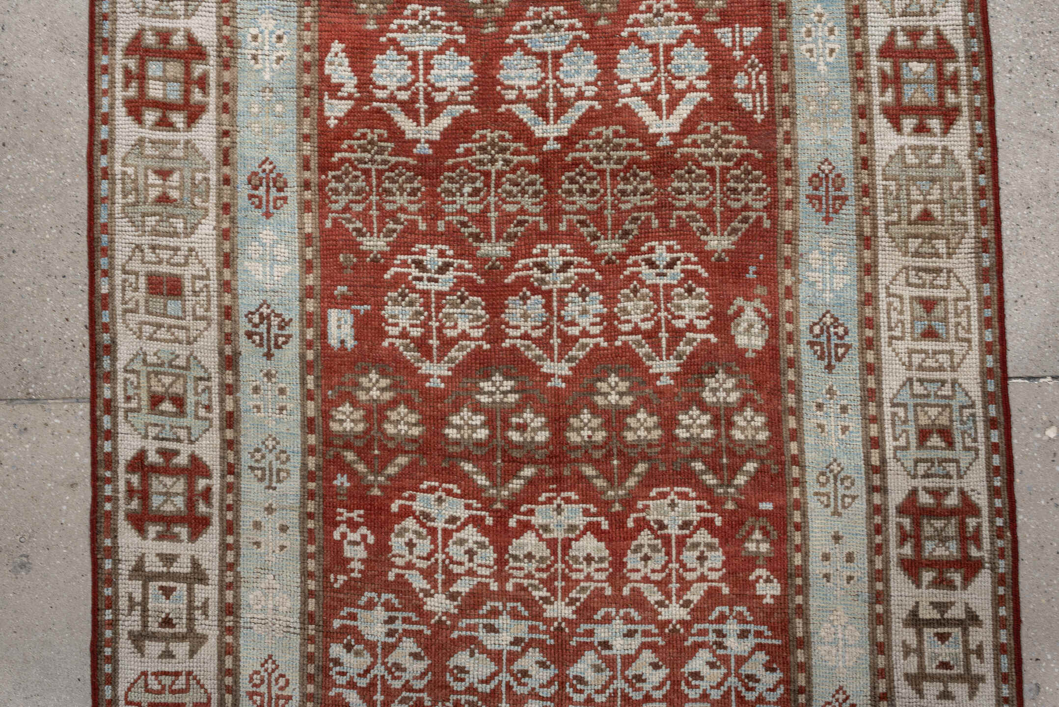 3' x 8' one-of-a-kind handmade antique NW Persian runner rug. Color palette: terracotta, ivory, pale blue, taupe, rust