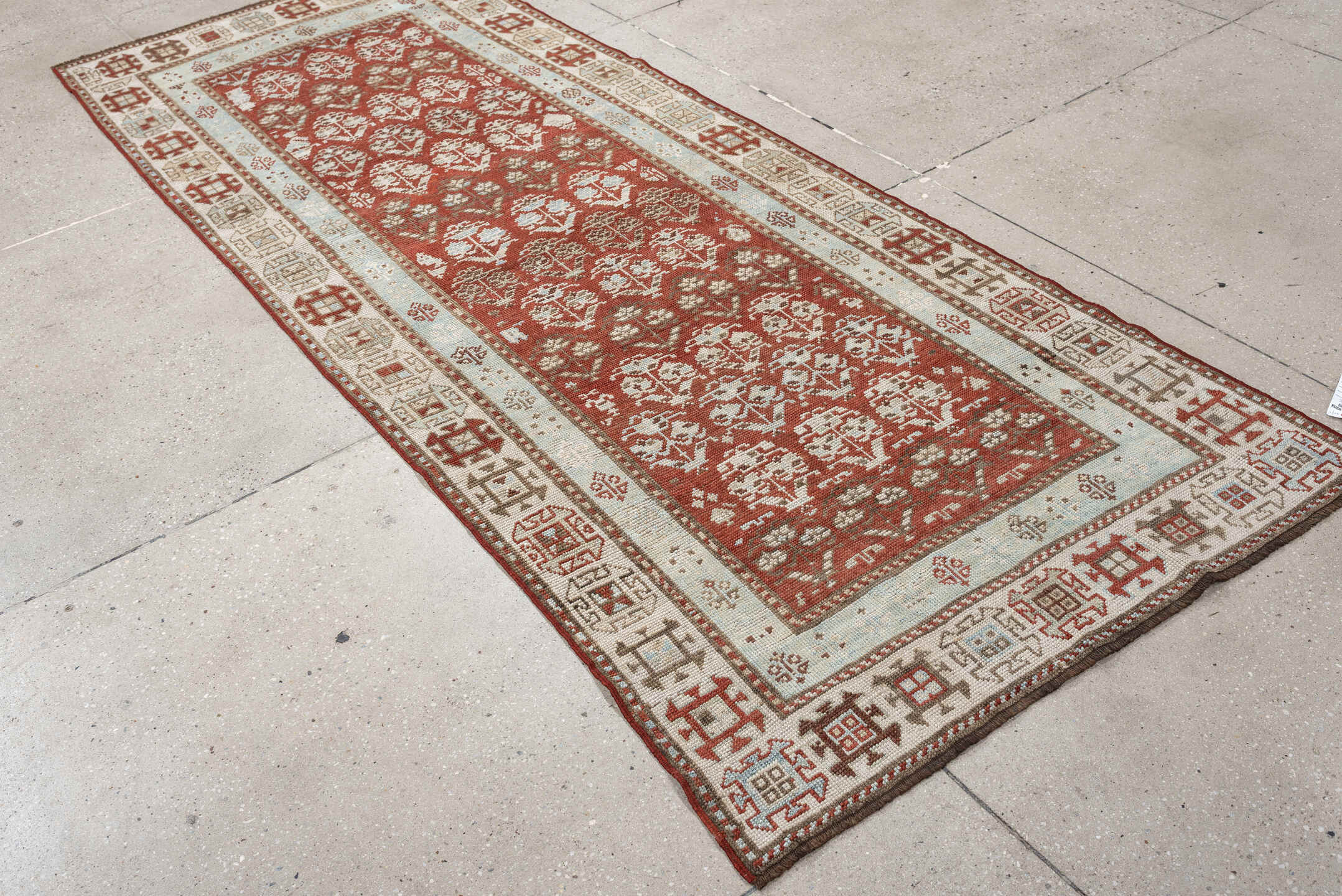 3' x 8' one-of-a-kind handmade antique NW Persian runner rug. Color palette: terracotta, ivory, pale blue, taupe, rust
