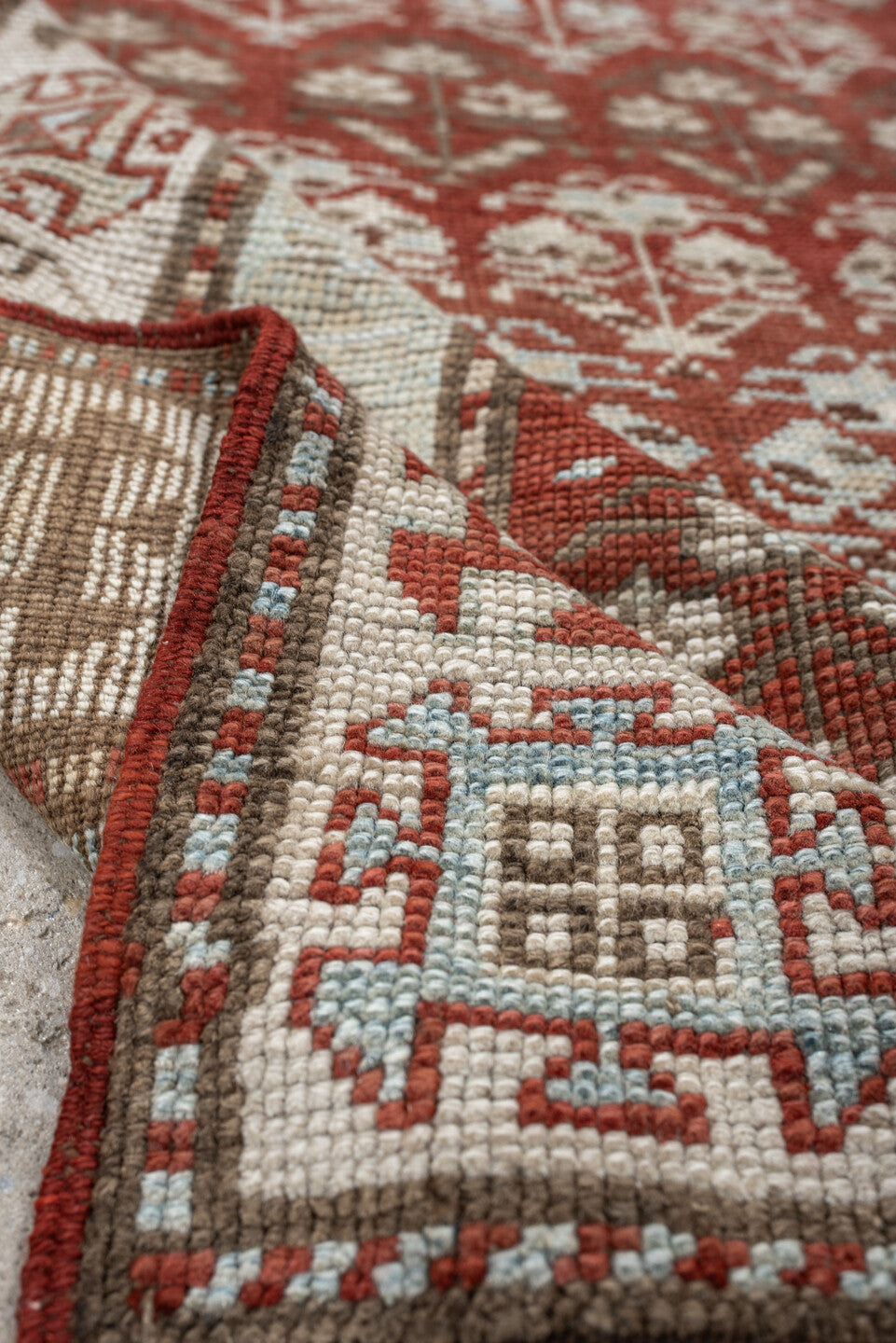 3' x 8' one-of-a-kind handmade antique NW Persian runner rug. Color palette: terracotta, ivory, pale blue, taupe, rust