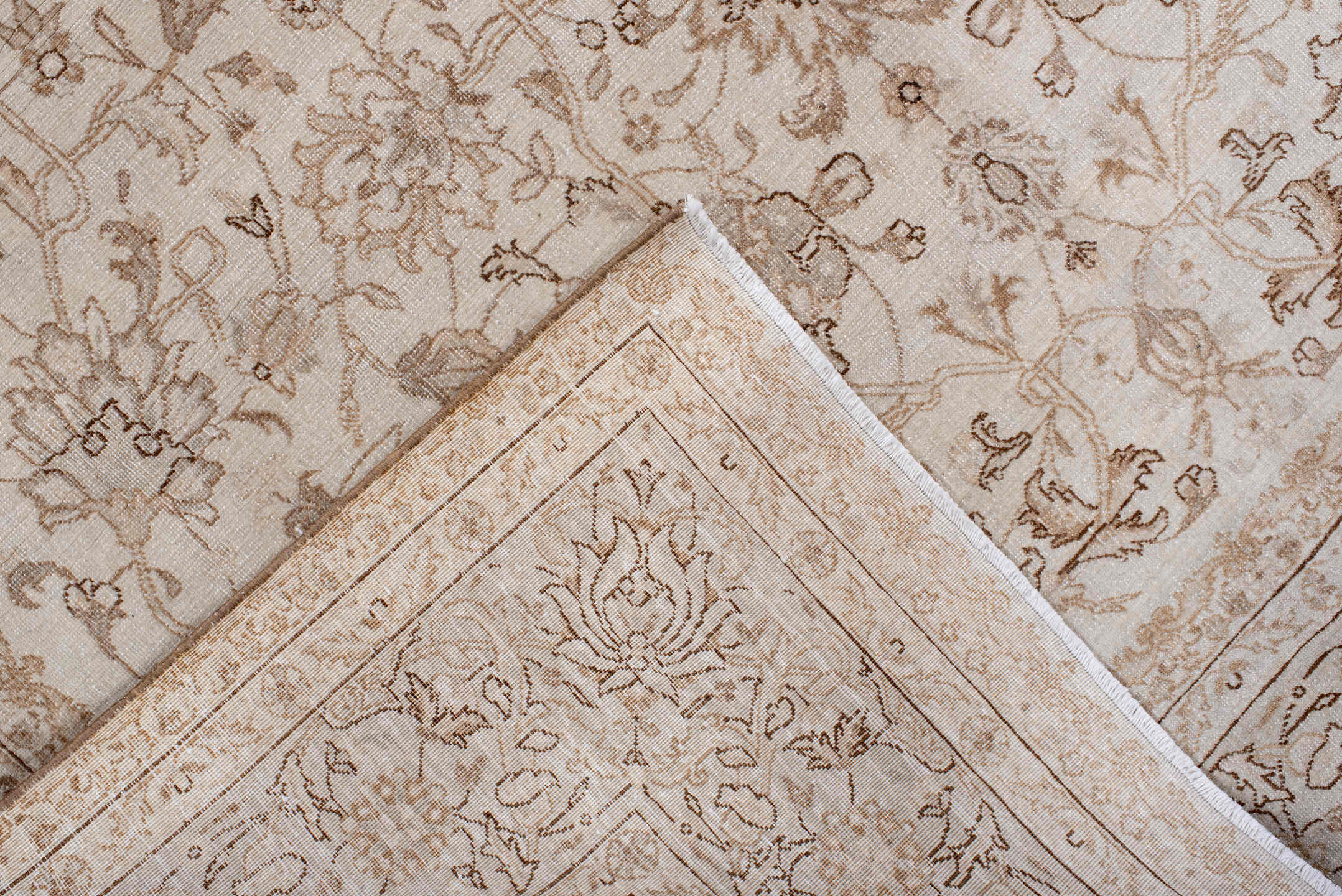 5' x 8' one-of-a-kind handmade vintage Sivas medium size rug. Color palette: brown, off-white, gray, light gray, pink, linen