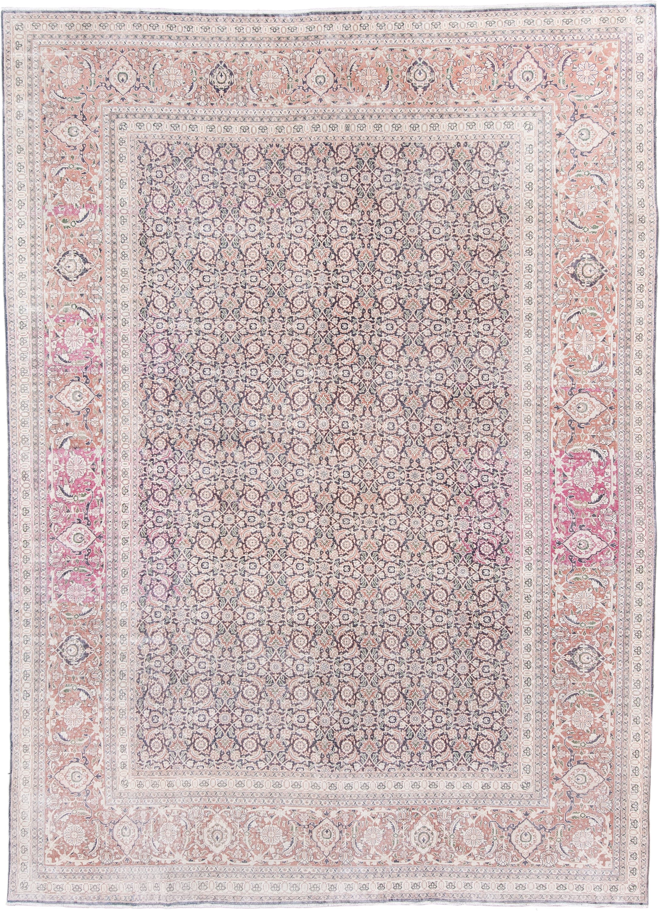 8' x 11' one-of-a-kind handmade antique Tabriz large size rug. Color palette: ivory, blush, rose, dusty blue, taupe, peach