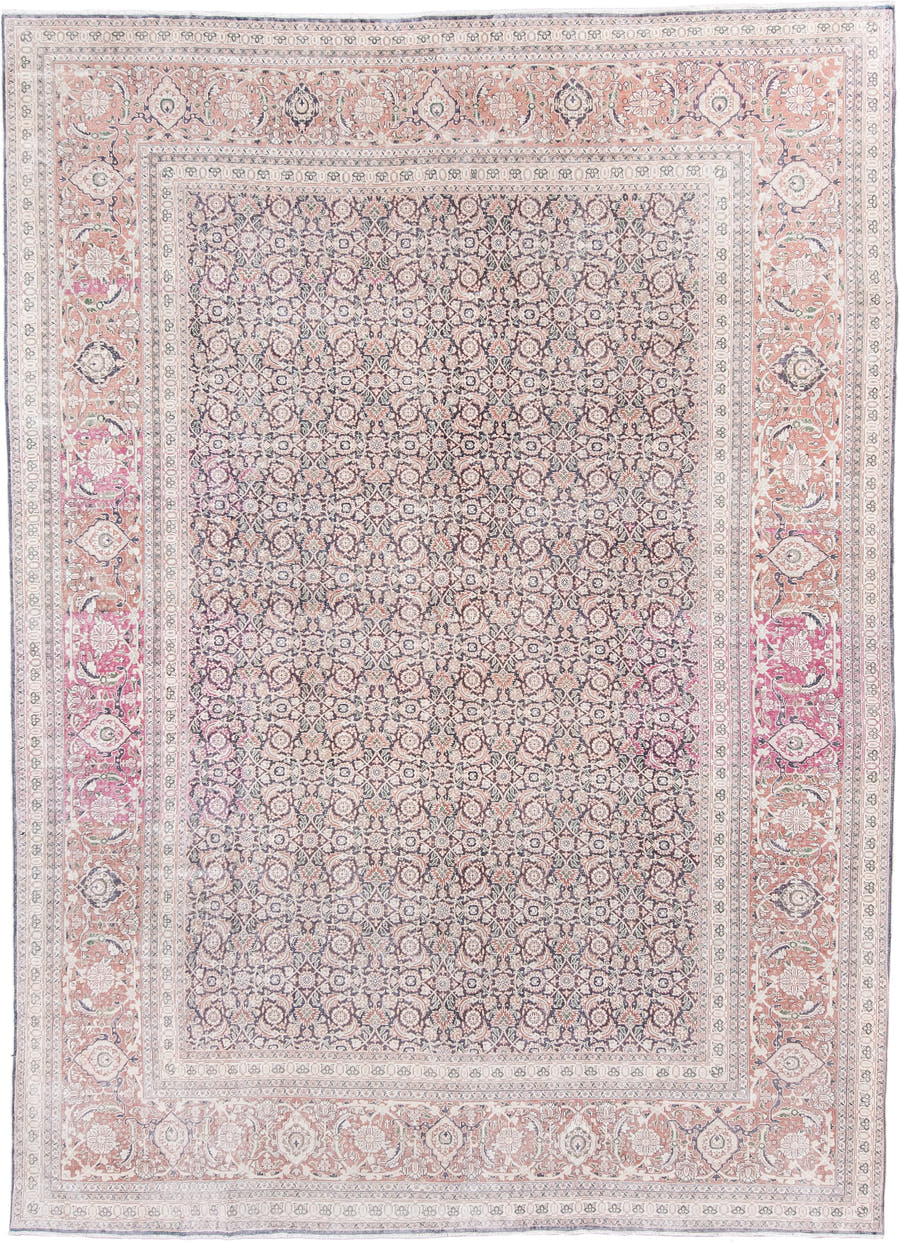 8' x 11' one-of-a-kind handmade antique Tabriz large size rug. Color palette: ivory, blush, rose, dusty blue, taupe, peach