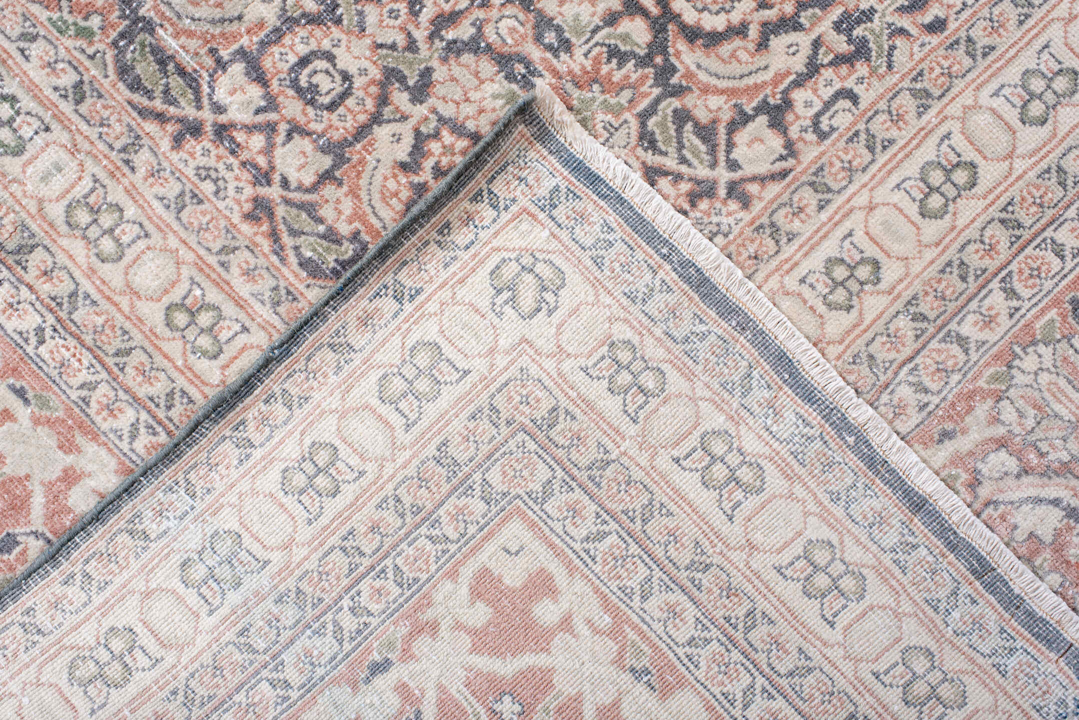 8' x 11' one-of-a-kind handmade antique Tabriz large size rug. Color palette: ivory, blush, rose, dusty blue, taupe, peach