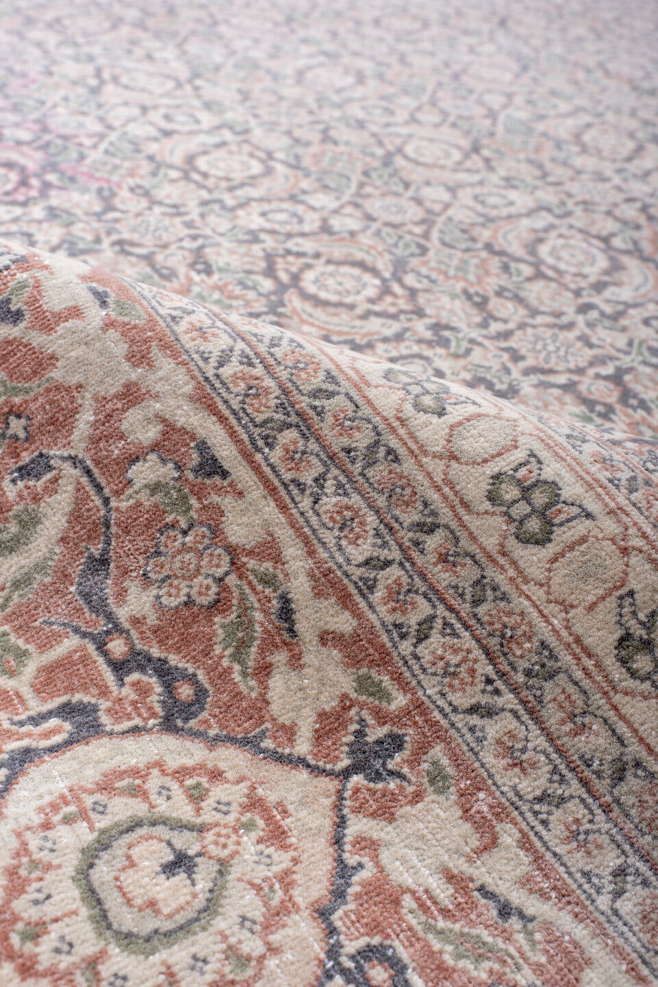 8' x 11' one-of-a-kind handmade antique Tabriz large size rug. Color palette: ivory, blush, rose, dusty blue, taupe, peach