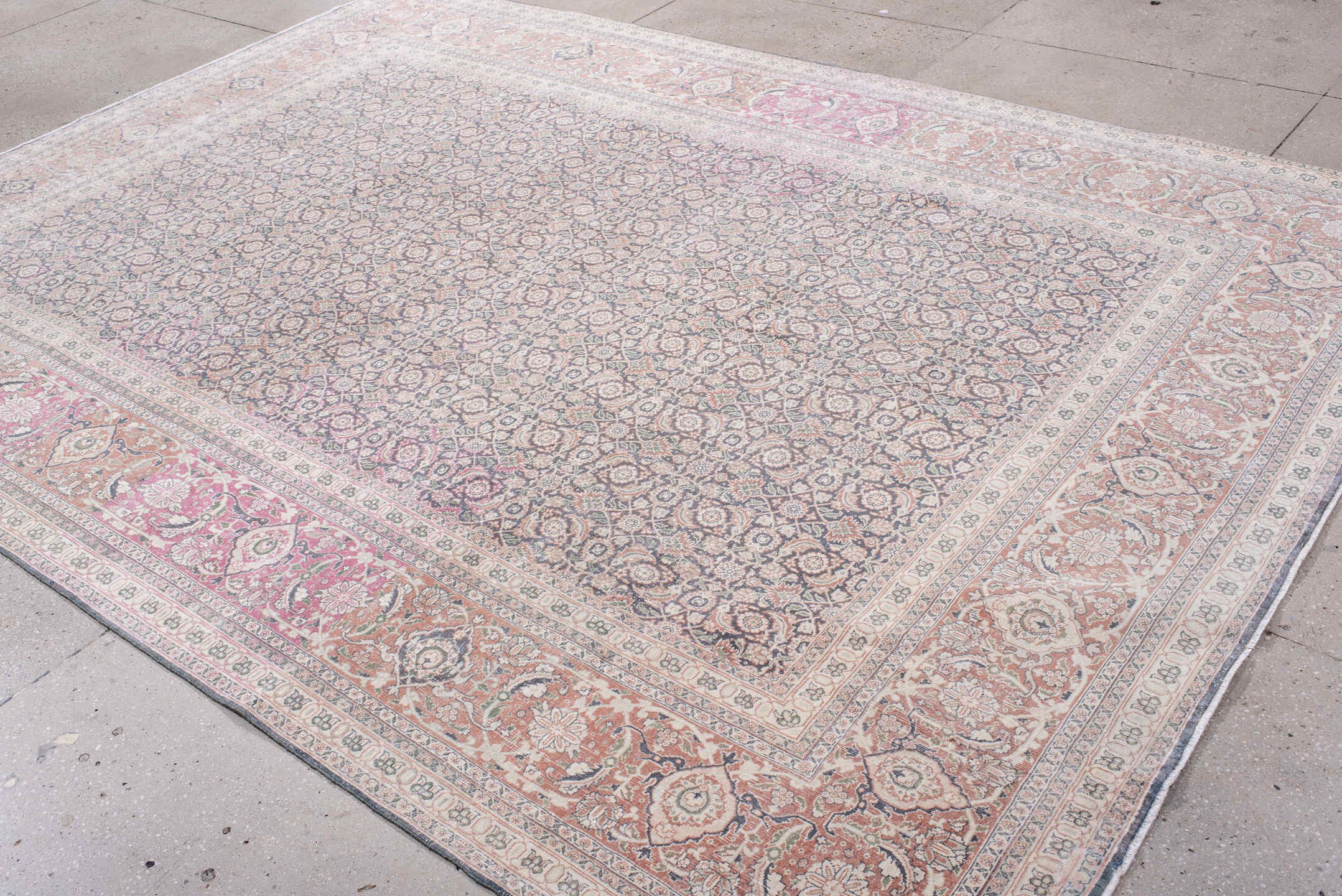 8' x 11' one-of-a-kind handmade antique Tabriz large size rug. Color palette: ivory, blush, rose, dusty blue, taupe, peach