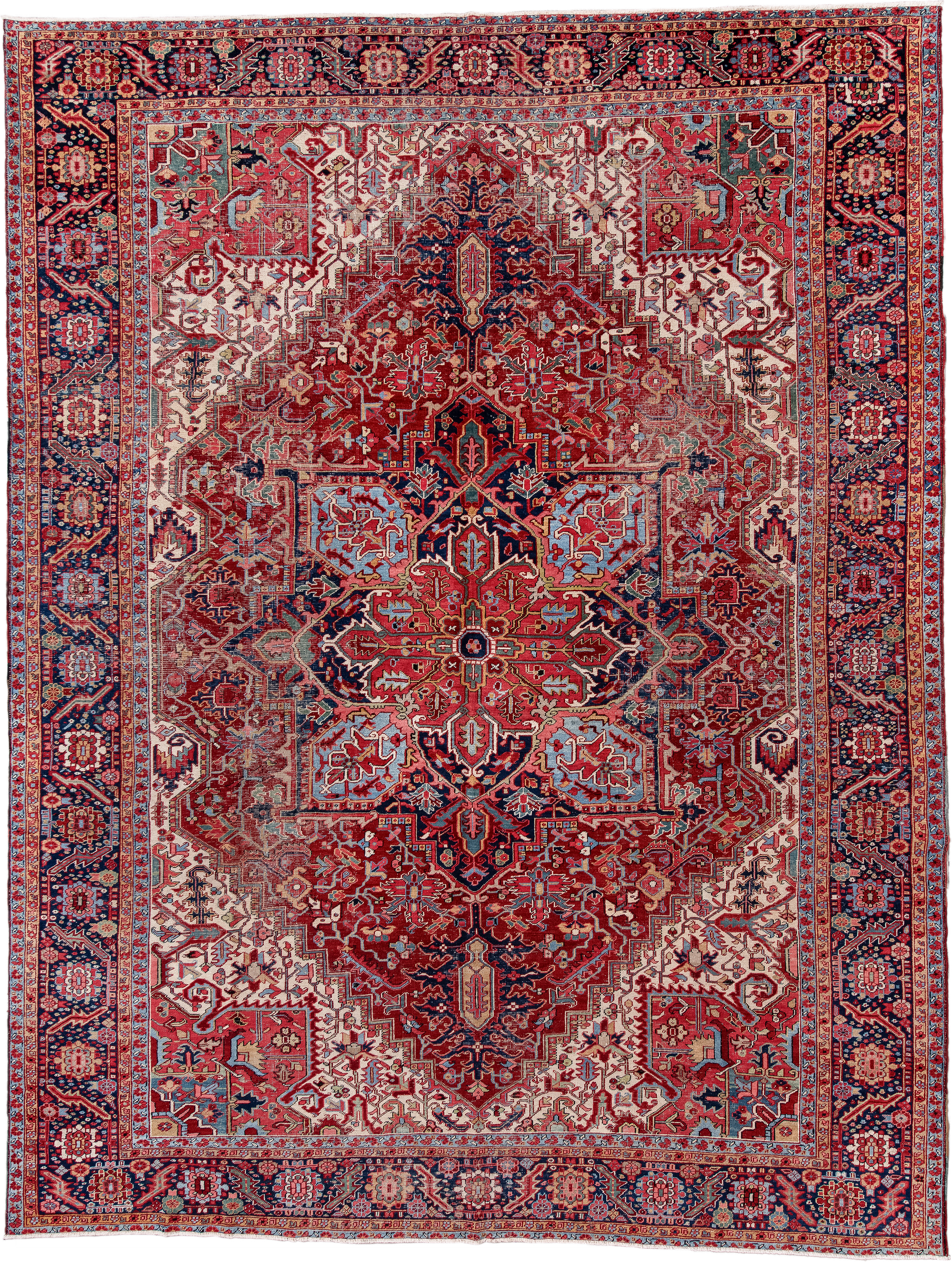 10' x 14' one-of-a-kind handmade antique Heriz large size rug. Color palette: rust, navy, ivory, sky_blue, crimson, coral